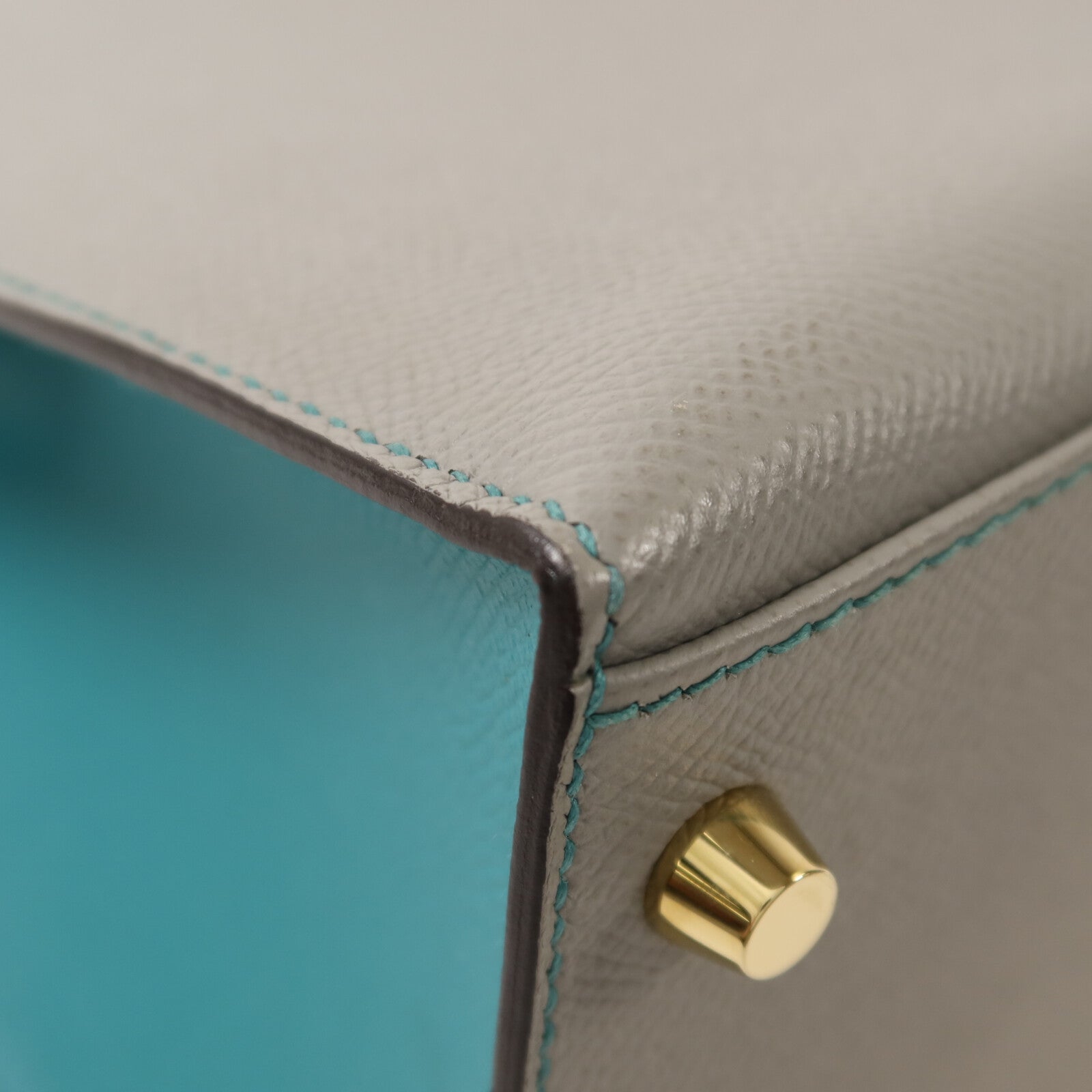 HERMES Epsom皮革Kelly 28金扣手挽肩背兩用袋Gris Mouette/Bleu Paon