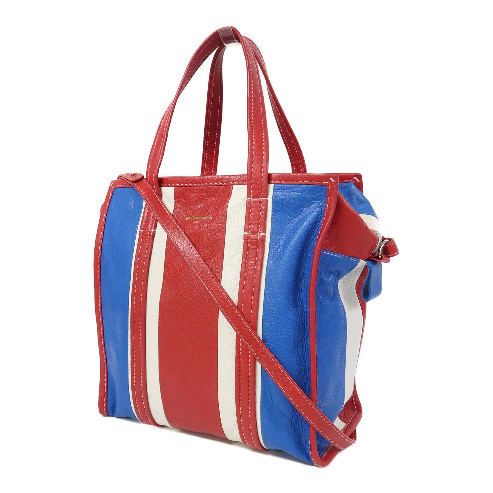 BALENCIAGA 牛皮Bazar Bag銀扣肩背袋藍色/紅色/白色