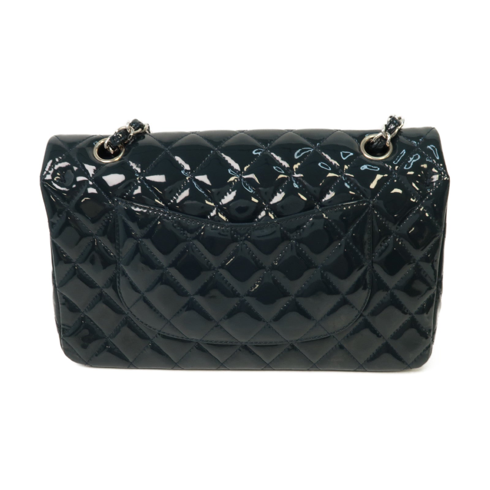 CHANEL 【激減優惠】菱格漆皮皮革Classic Flap 25銀扣鏈帶肩背袋藍色