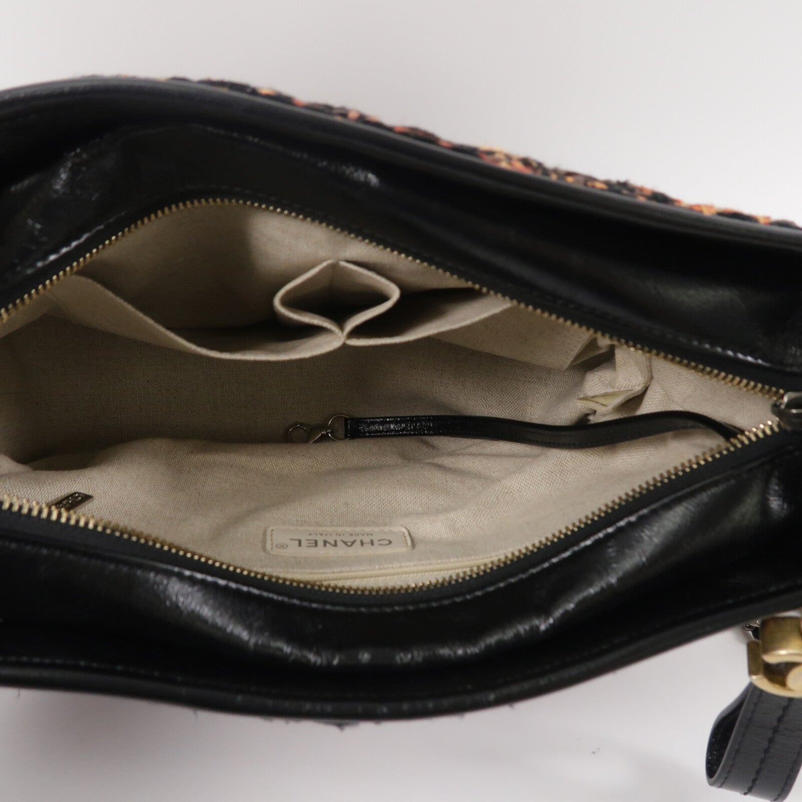 CHANEL Tweed/牛皮皮革Gabrielle Medium鏈帶肩背袋