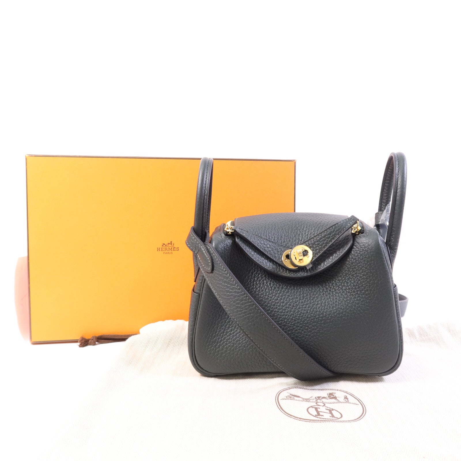 HERMES Clemence皮革Mini Lindy金扣手挽肩背兩用袋Vert cypres