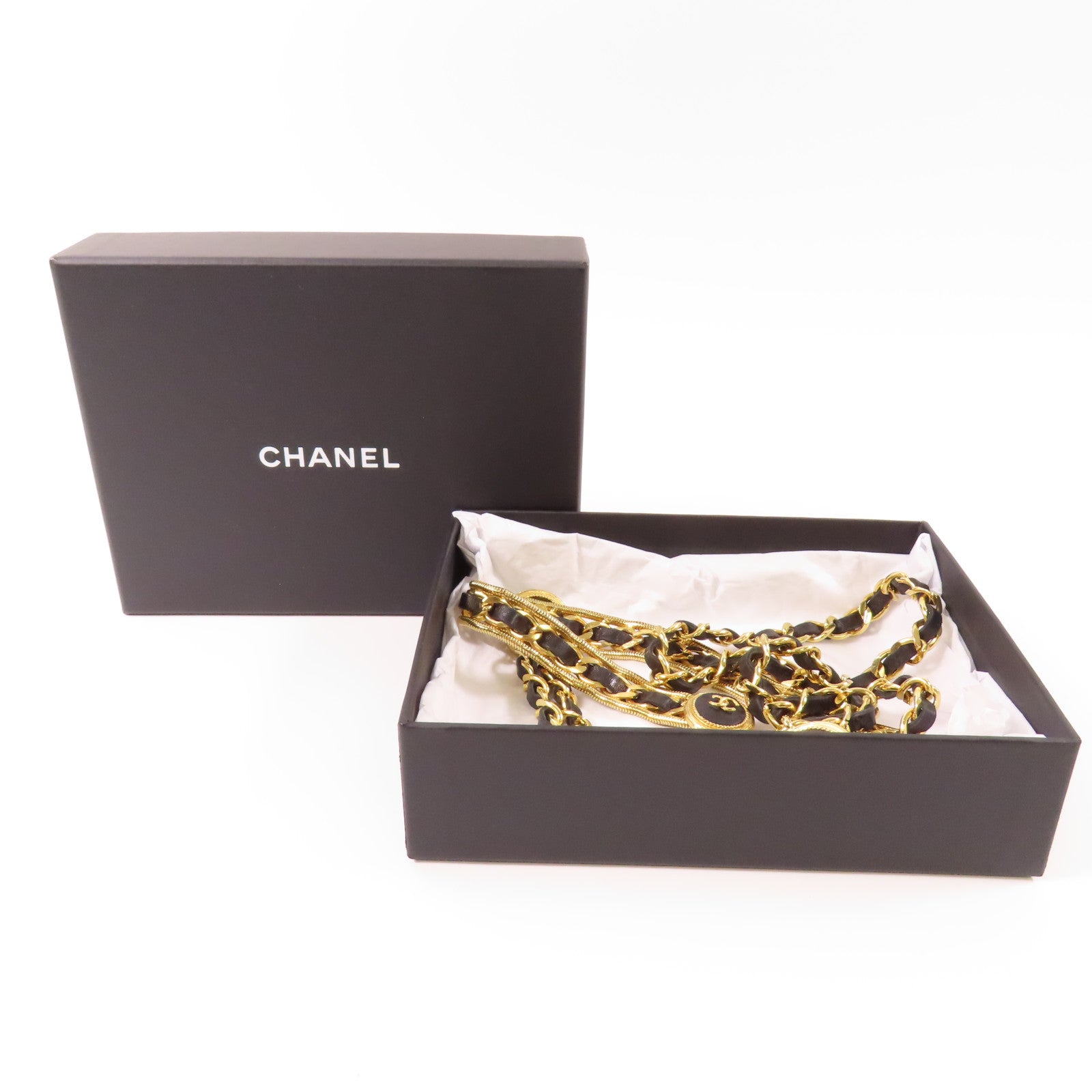 CHANEL 皮革/金屬Chain Belt皮帶黑色/金色