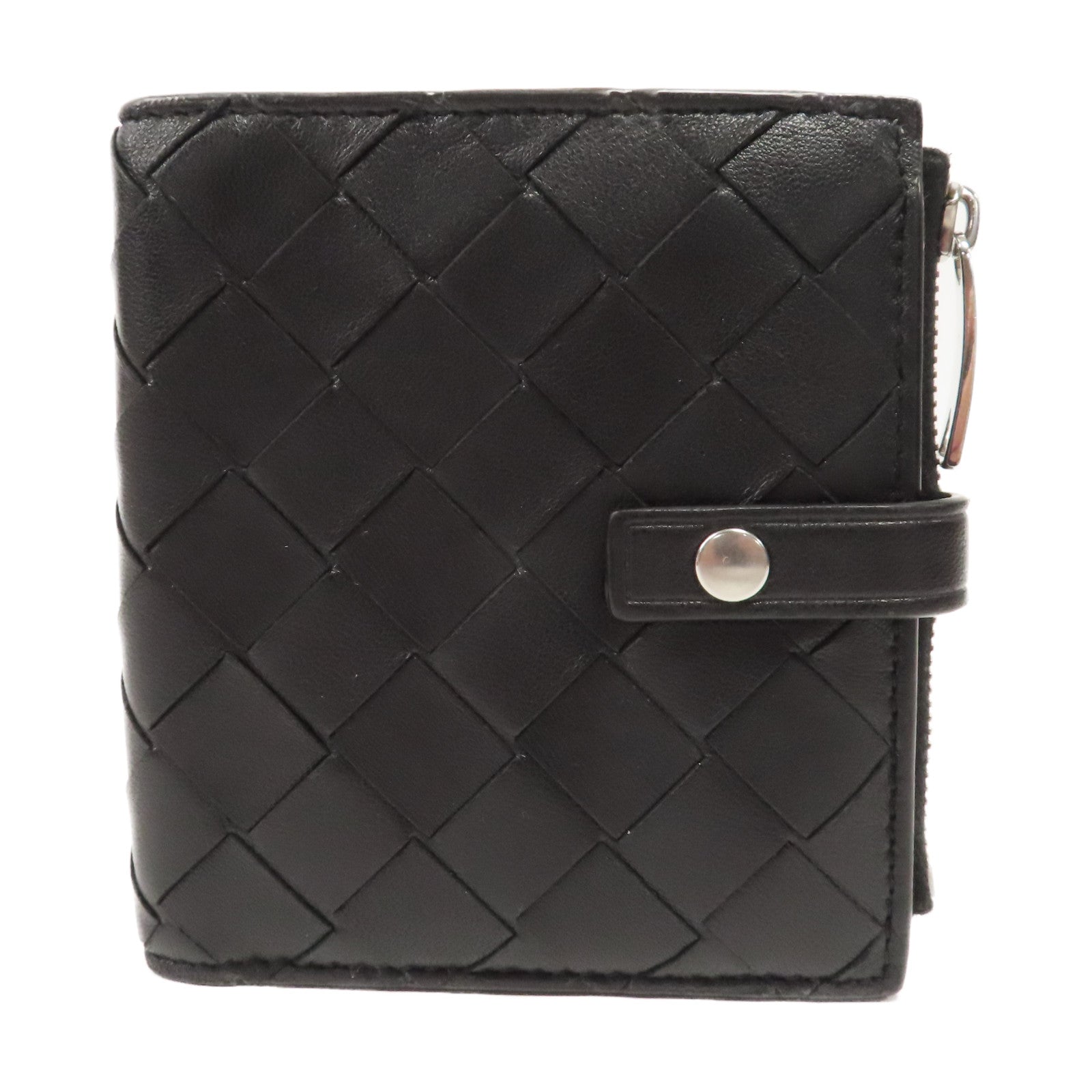 BOTTEGA VENETA 織紋皮革Wallet銀扣鈕扣錢包黑色