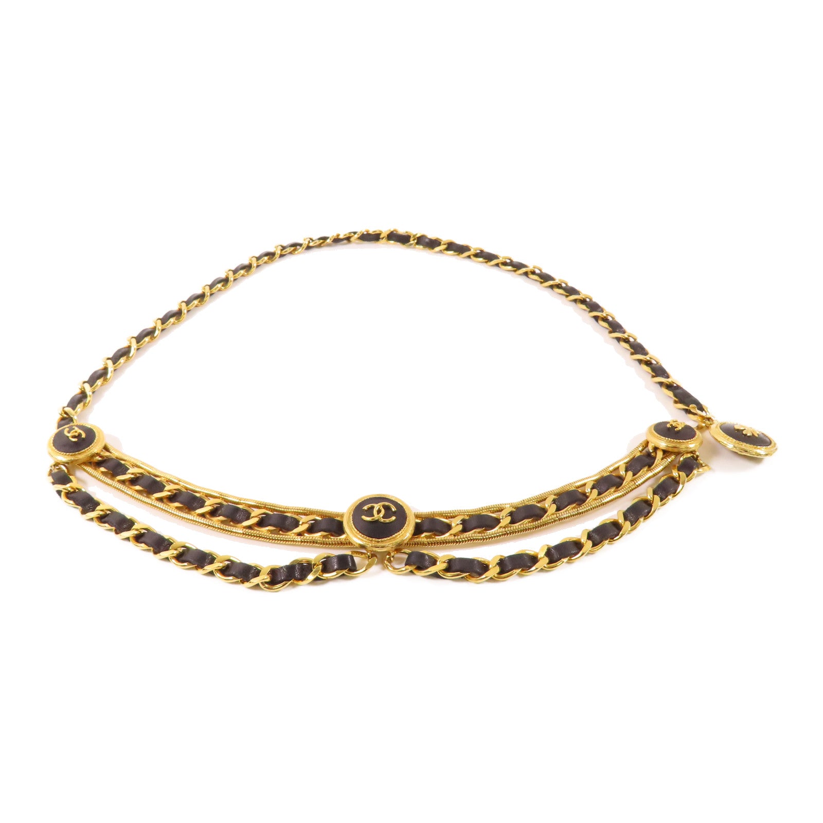 CHANEL 皮革/金屬Chain Belt皮帶黑色/金色