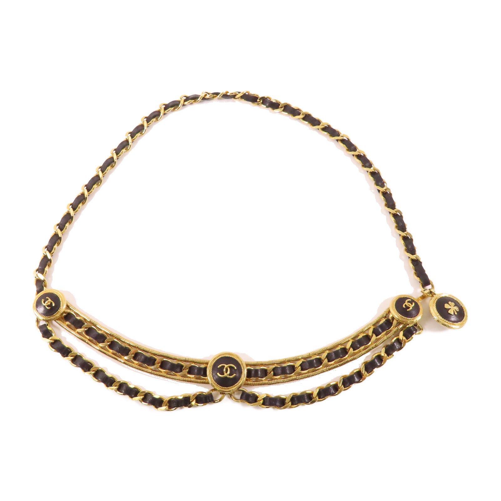 CHANEL 皮革/金屬Chain Belt皮帶黑色/金色