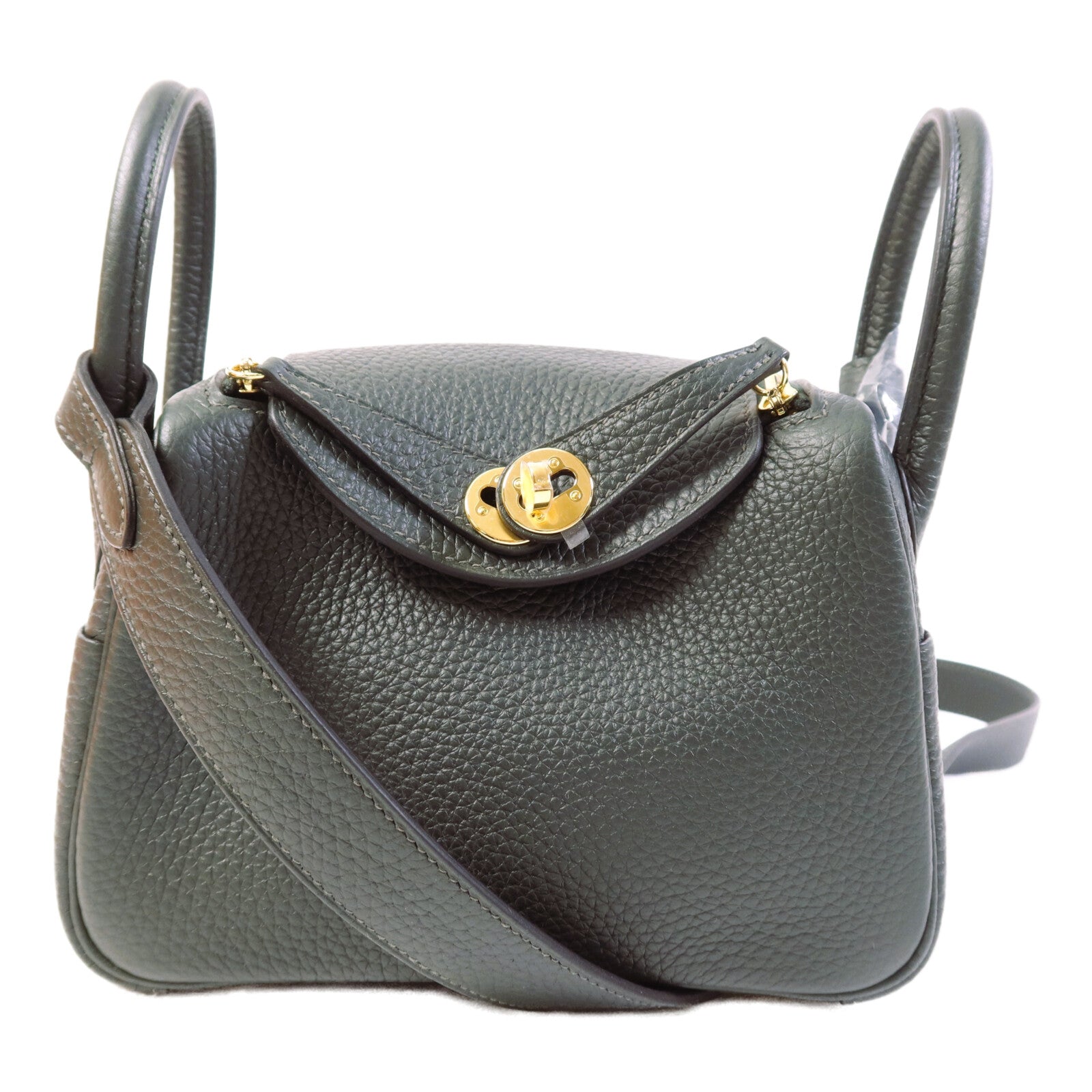HERMES Clemence皮革Mini Lindy金扣手挽肩背兩用袋Vert cypres