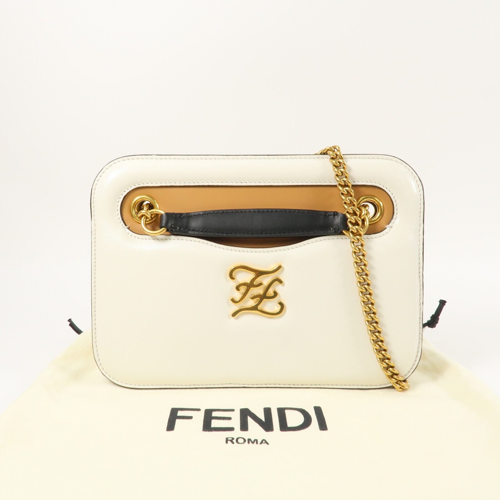 FENDI 牛皮皮革Karligraphy Pocket Shoulder Bag鏈帶肩背袋
