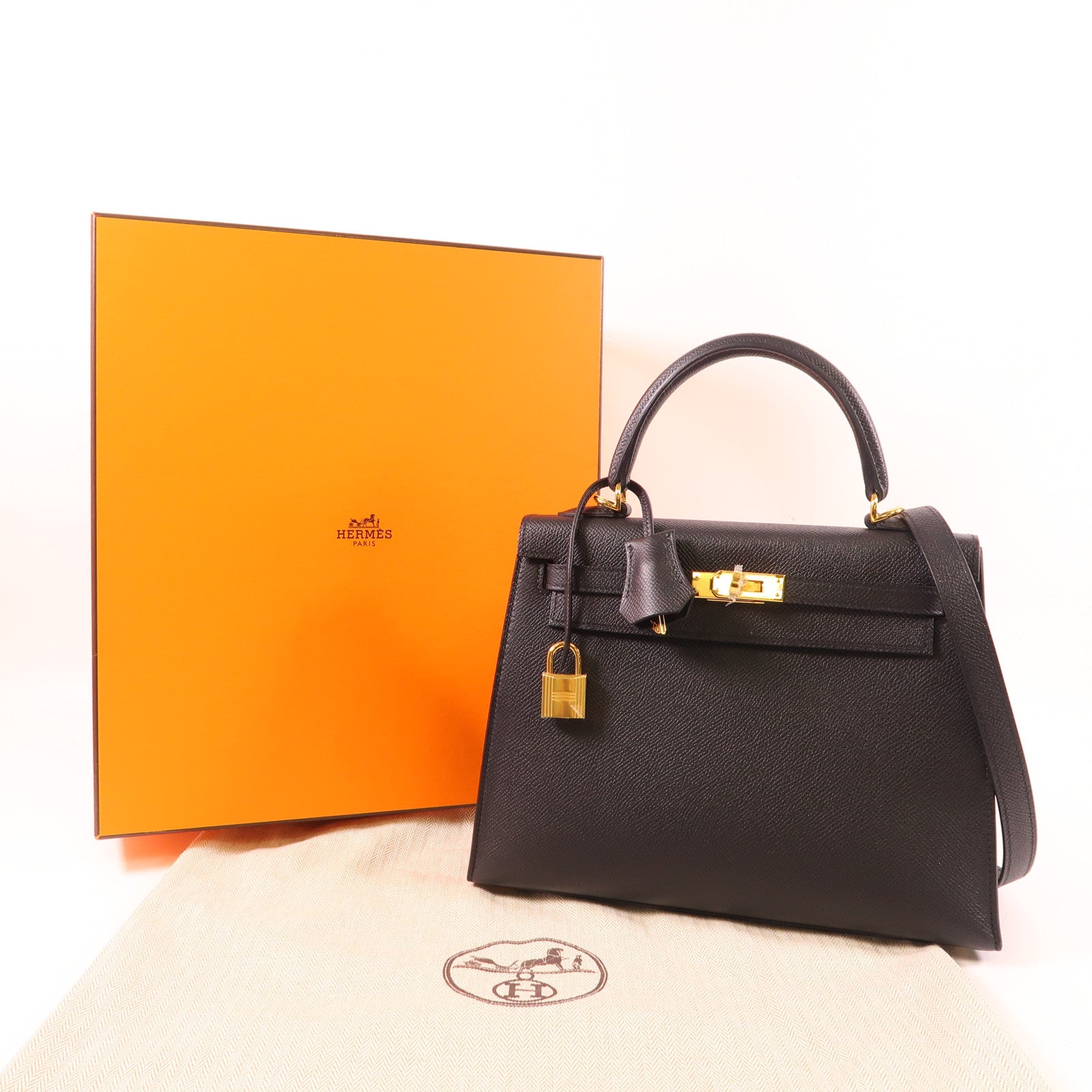 HERMES Epsom皮革Kelly 25金扣手挽肩背兩用袋Noir
