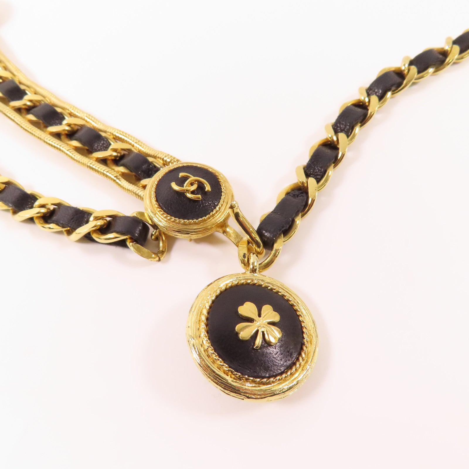 CHANEL 皮革/金屬Chain Belt皮帶黑色/金色