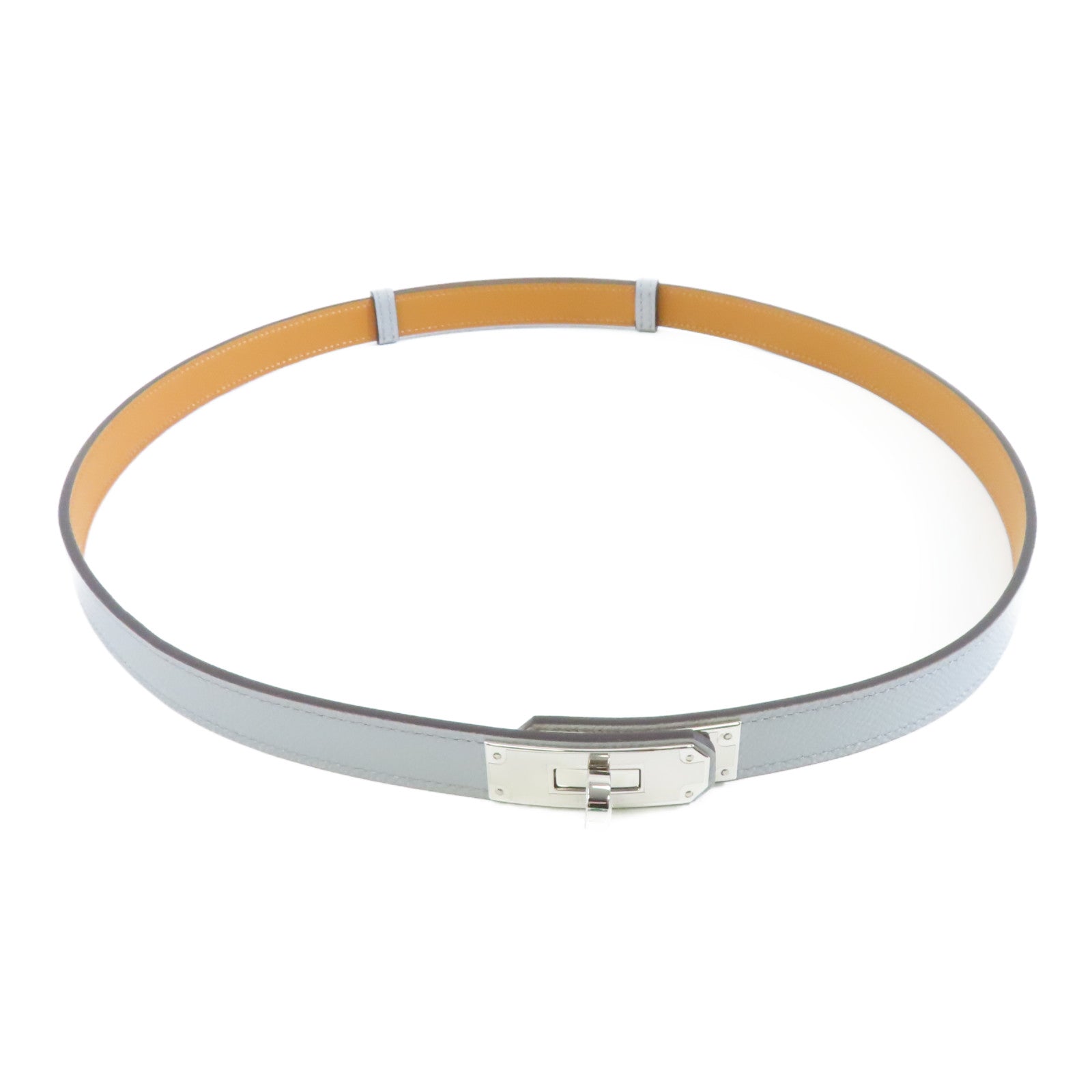 HERMES Epsom皮革Kelly Belt銀扣皮帶8U Bleu Glacier冰河藍