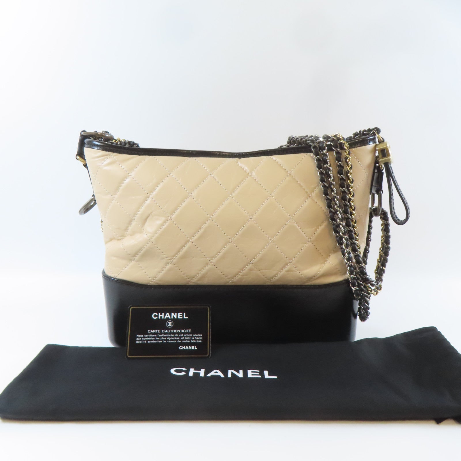 CHANEL 【激減優惠】菱格牛皮皮革Gabrielle金扣/銀扣鏈帶肩背袋杏色/黑色