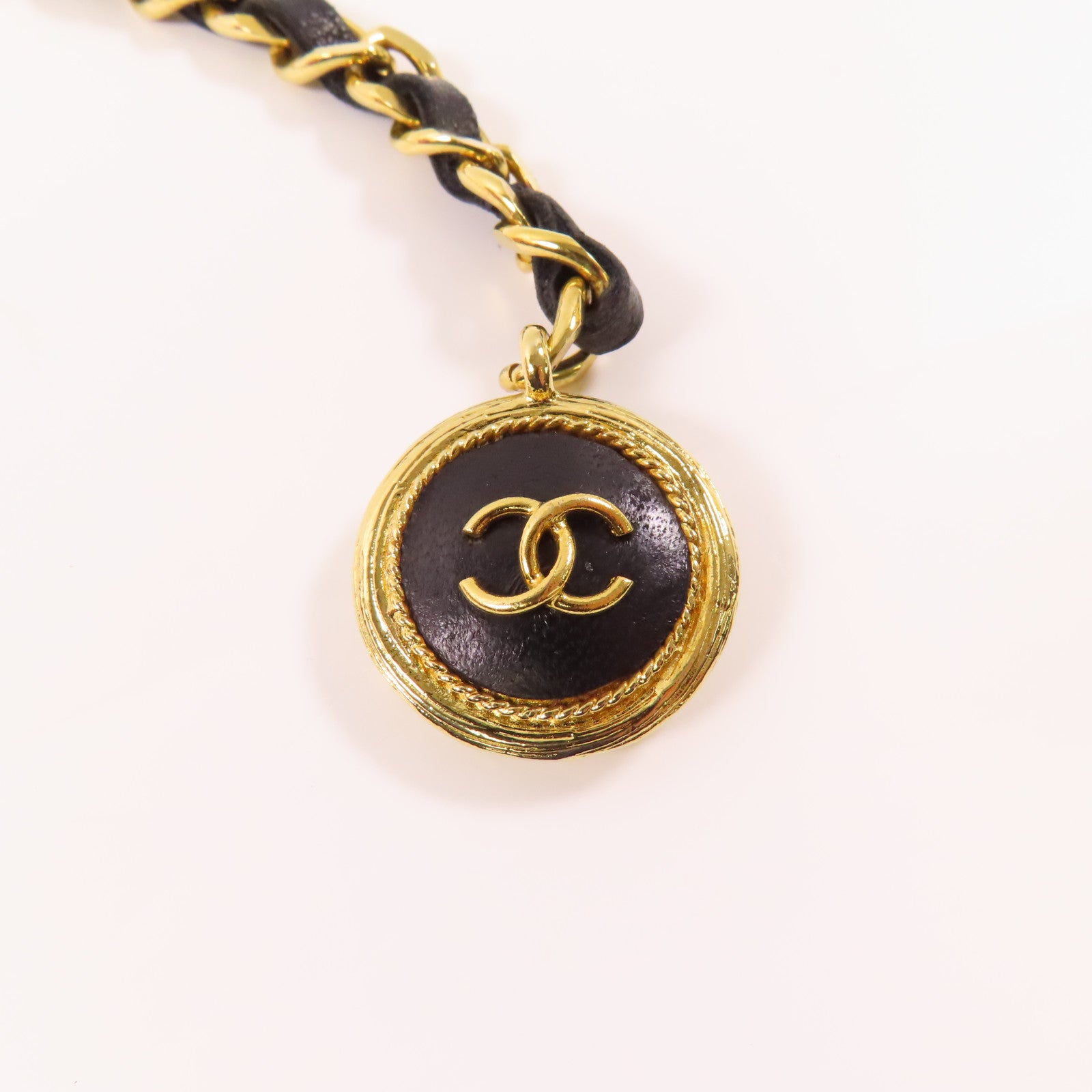 CHANEL 皮革/金屬Chain Belt皮帶黑色/金色