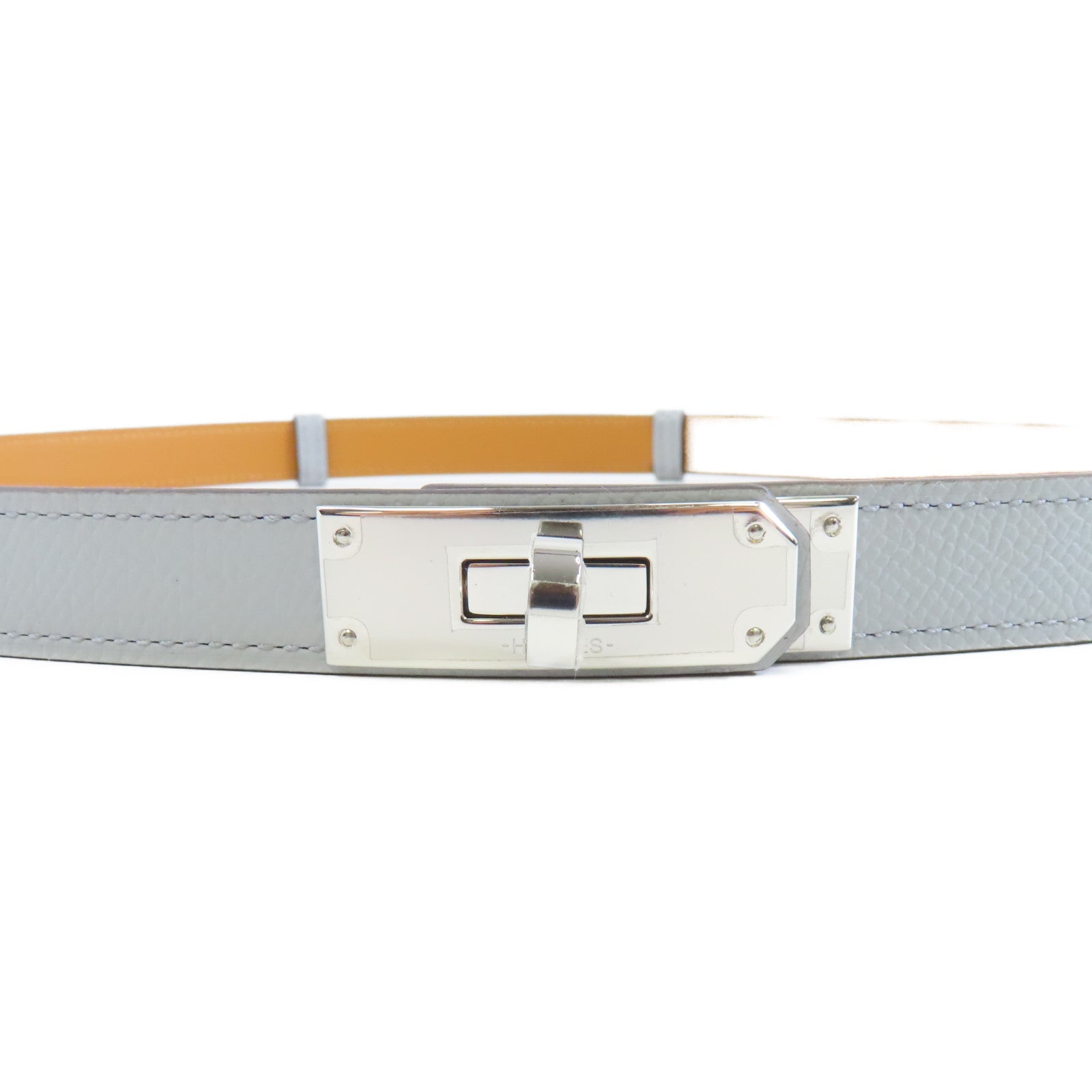 HERMES Epsom皮革Kelly Belt銀扣皮帶8U Bleu Glacier冰河藍