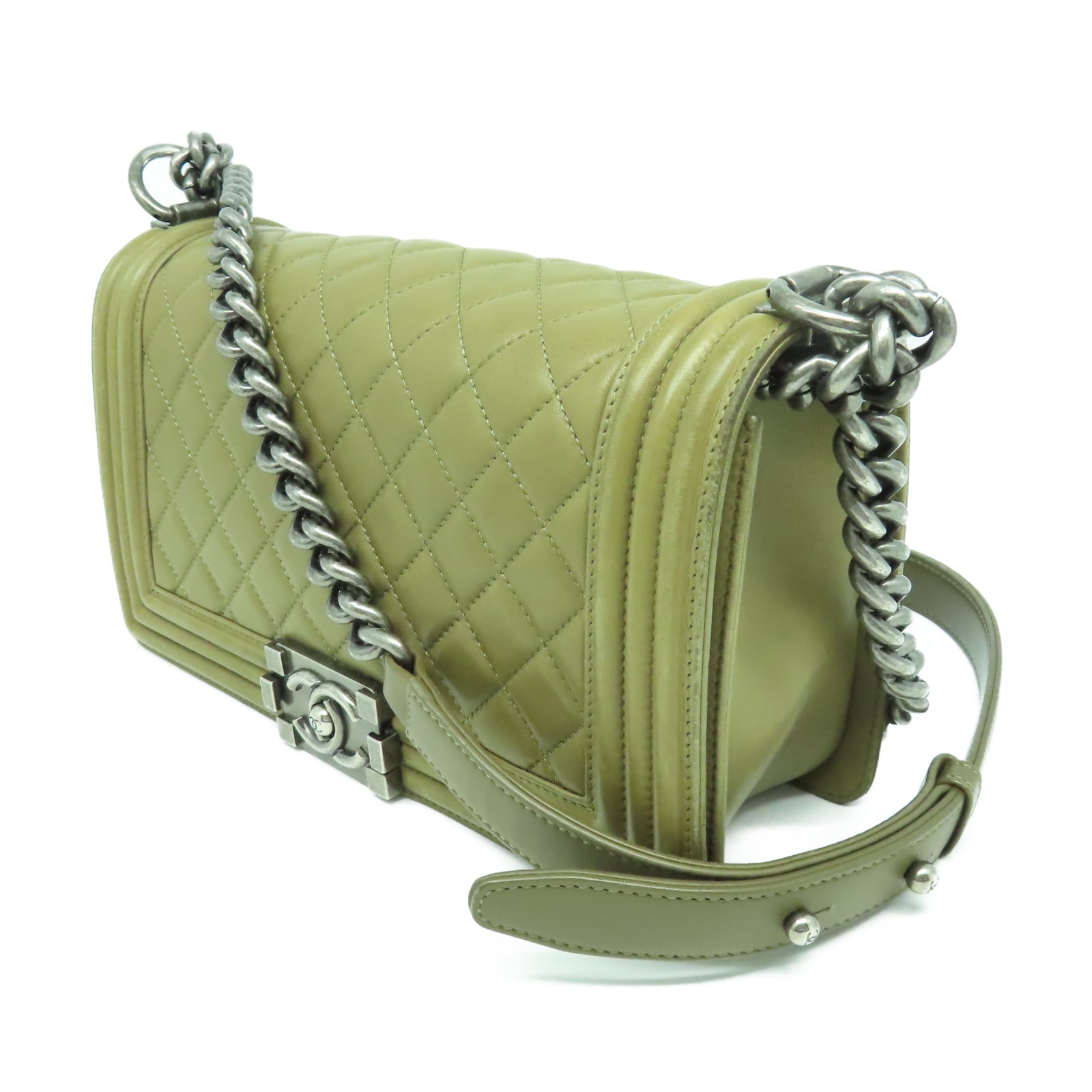 CHANEL 【清倉大減價】菱格羊皮皮革Boy 25銀扣鏈帶肩背袋棕色