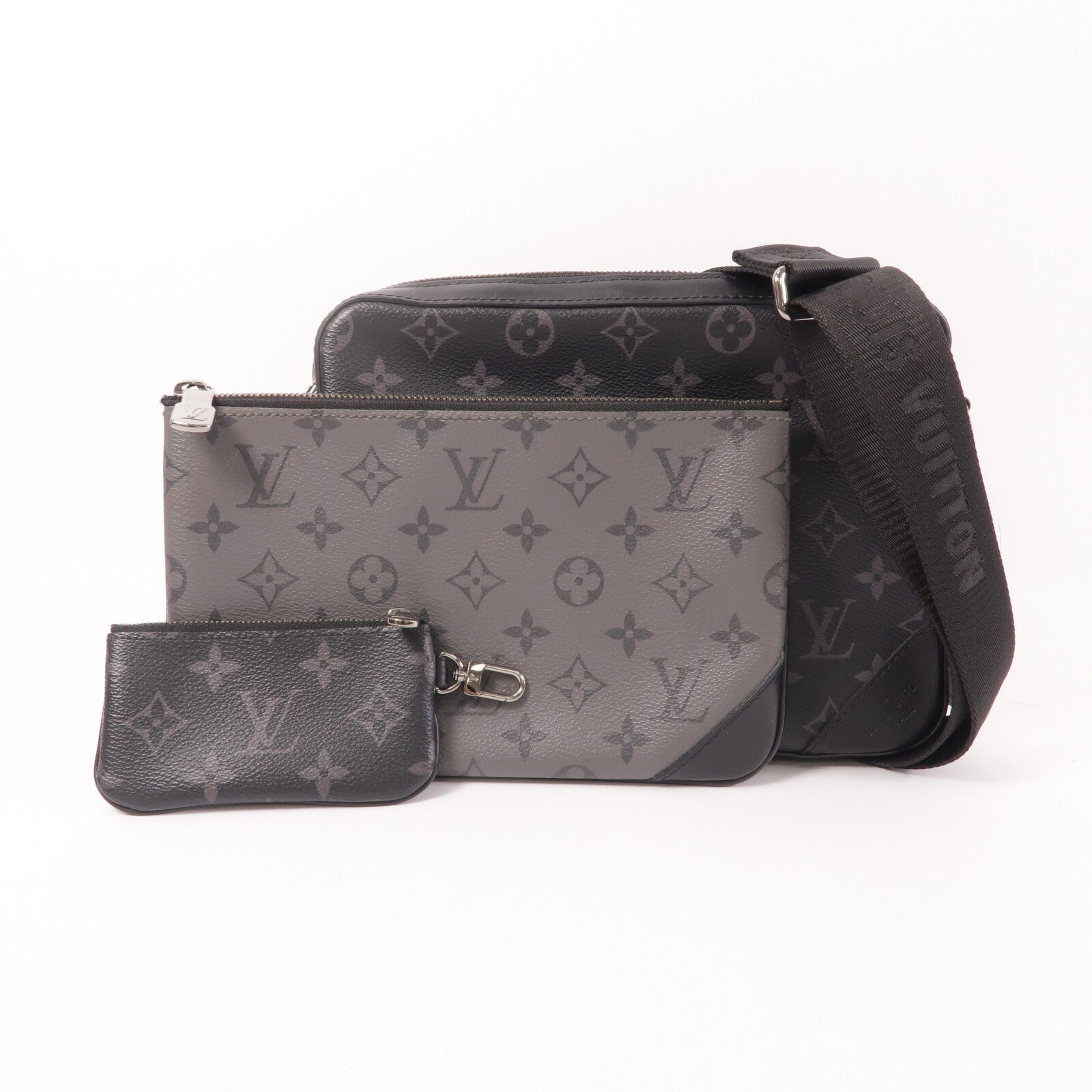 LOUIS VUITTON Monogram Eclipse Reverse Trio Messenger銀扣肩背袋灰色