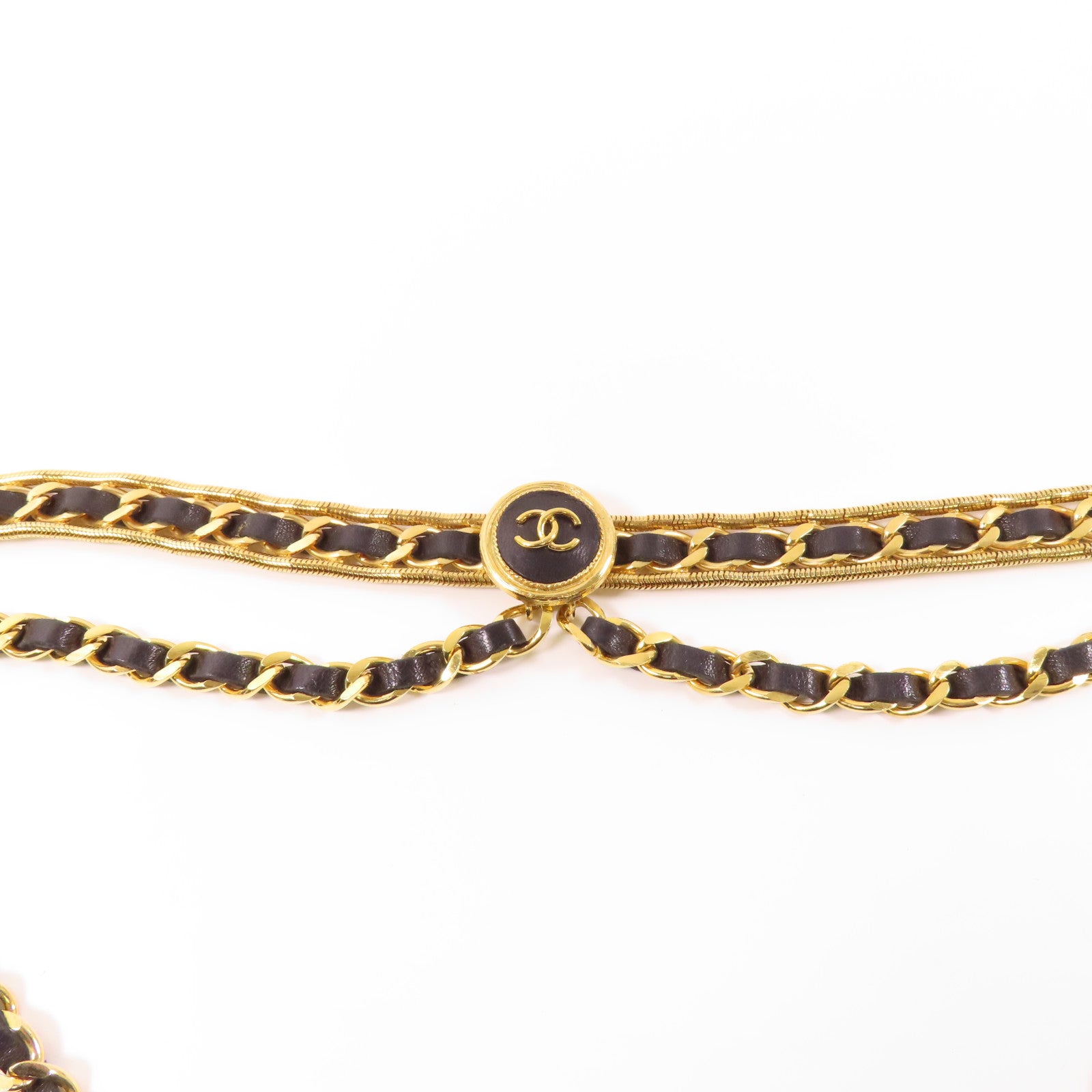 CHANEL 皮革/金屬Chain Belt皮帶黑色/金色