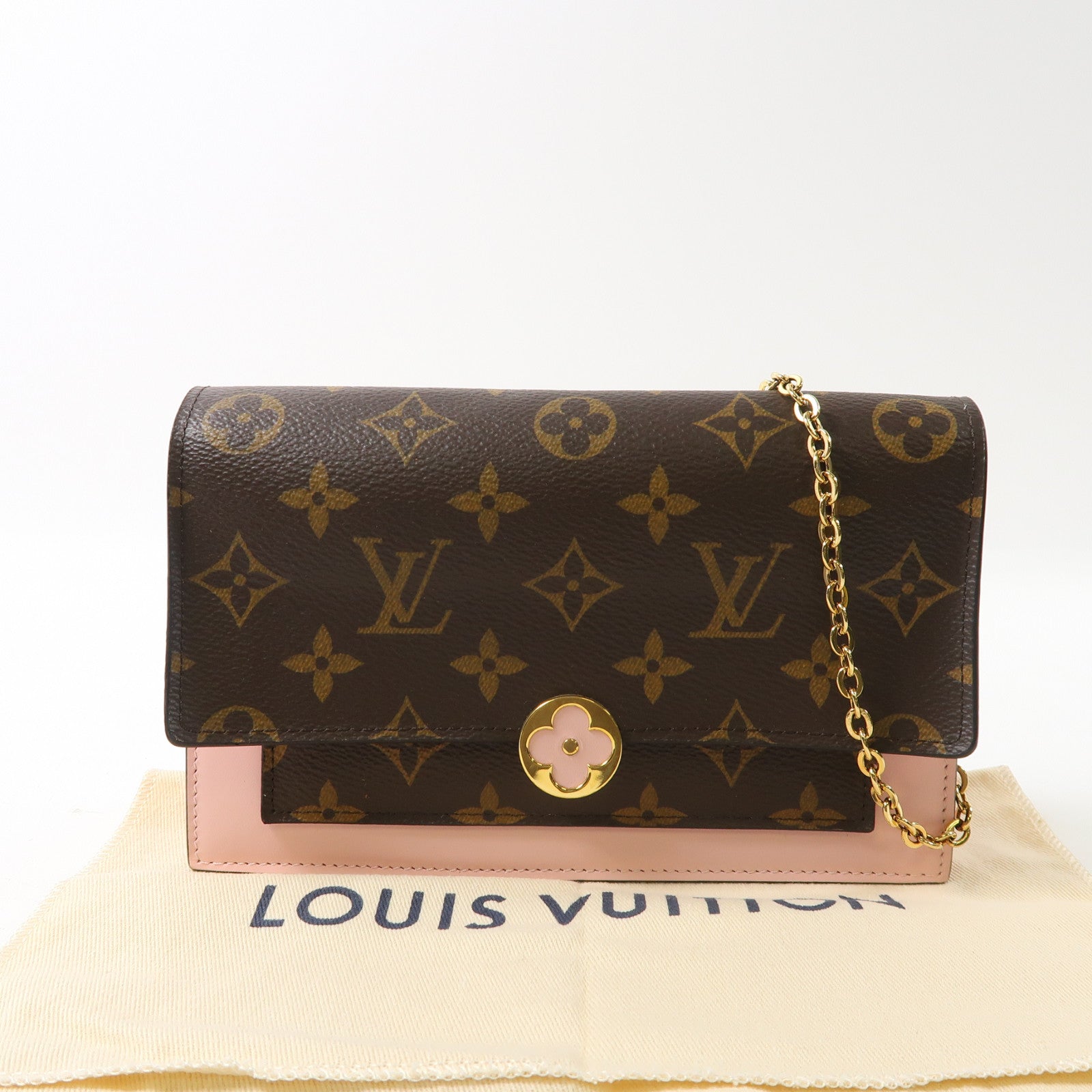 LOUIS VUITTON Monogram Flore金扣鏈帶肩背袋啡色/粉紅色
