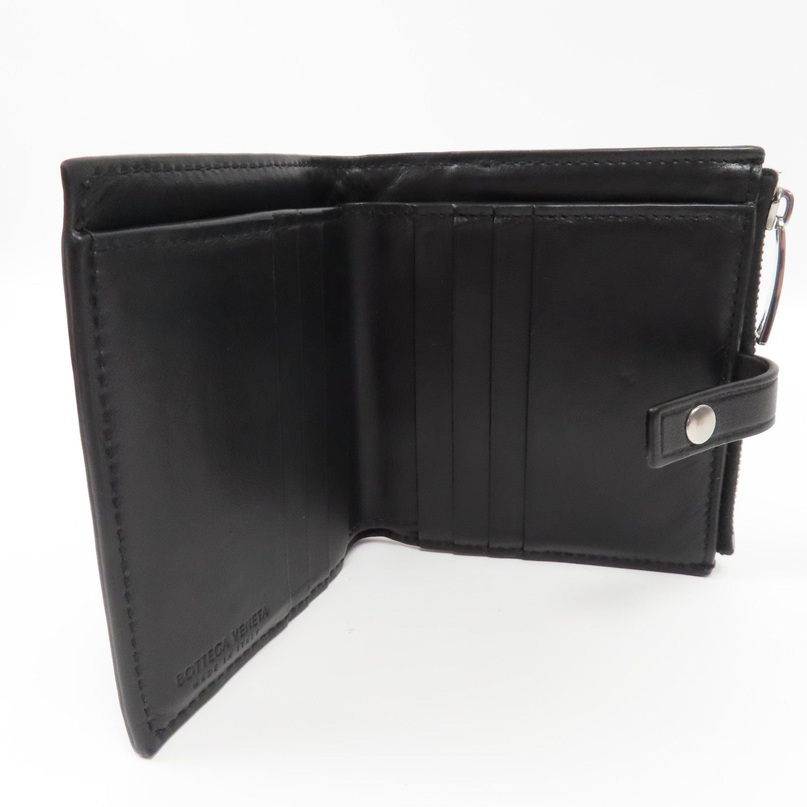BOTTEGA VENETA 織紋皮革Wallet銀扣鈕扣錢包黑色