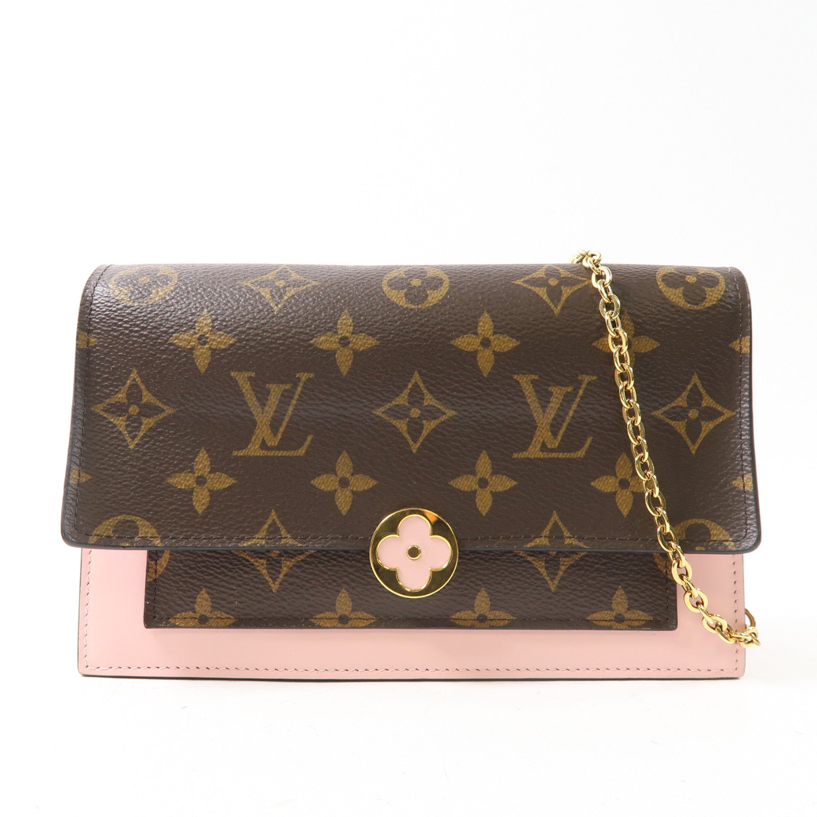 LOUIS VUITTON Monogram Flore金扣鏈帶肩背袋啡色/粉紅色