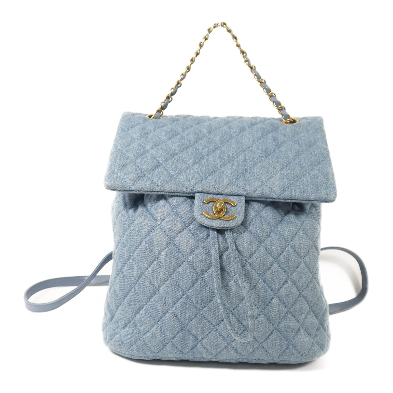 CHANEL 牛仔布Chain Backpack金扣鏈帶背包