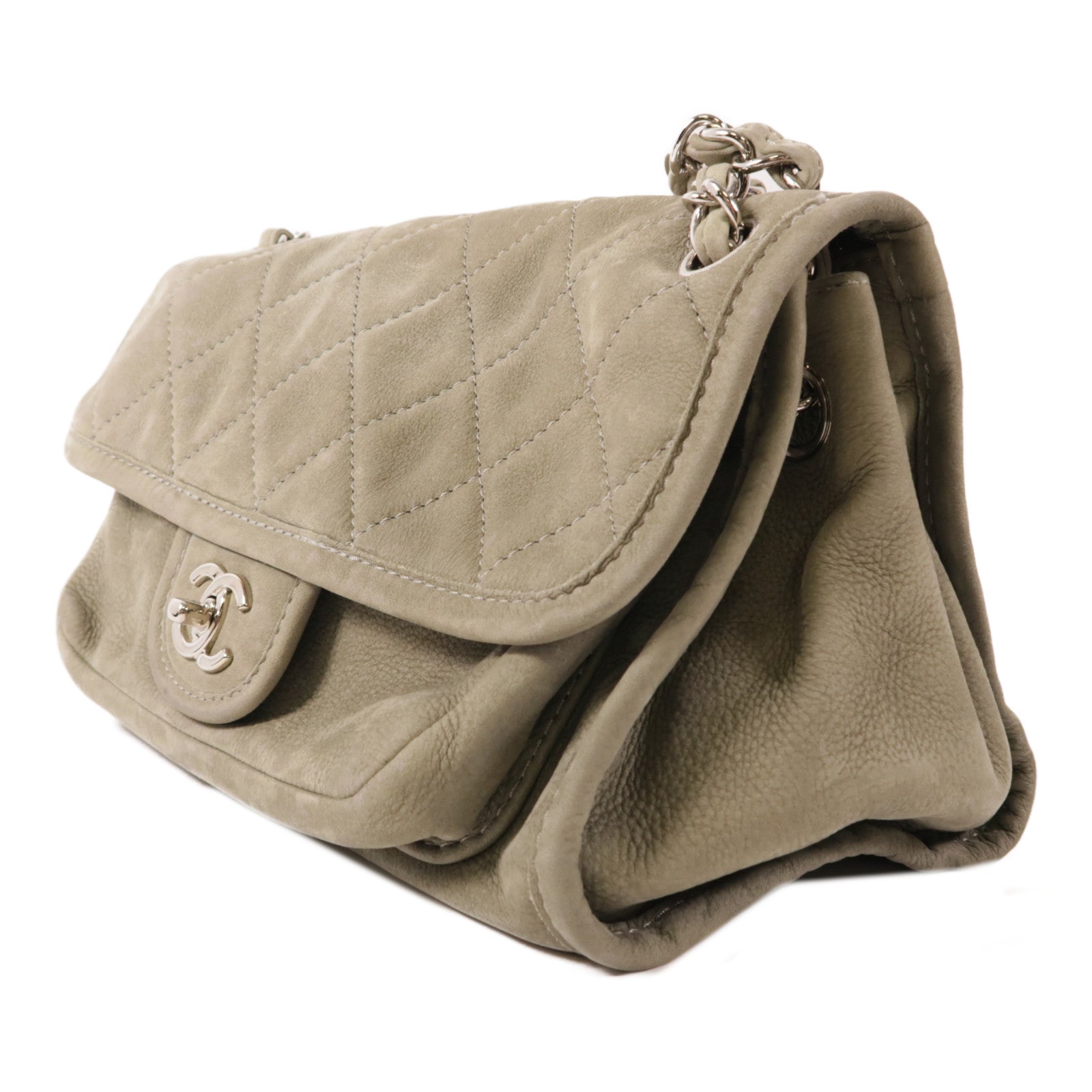 CHANEL 麂皮皮革Flat Bag銀扣鏈帶肩背袋