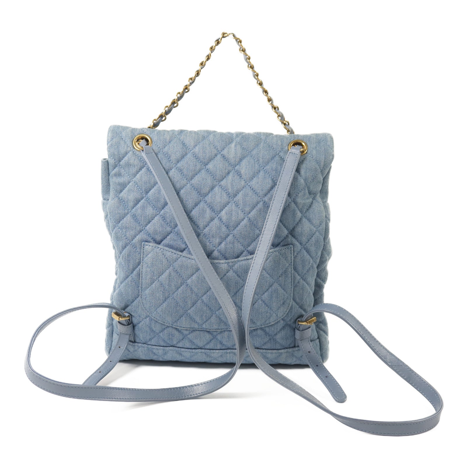CHANEL 牛仔布Chain Backpack金扣鏈帶背包