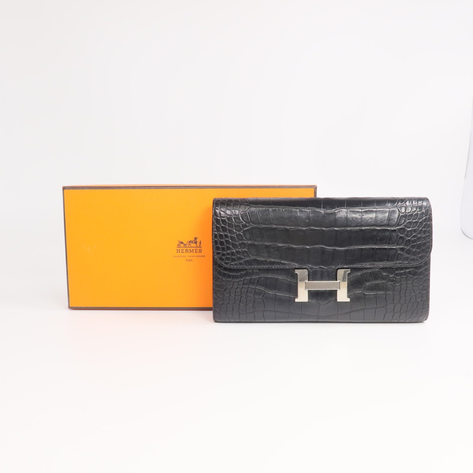 HERMES 【激減優惠】Alligator皮革Constance Long Wallet銀扣長錢包Noir