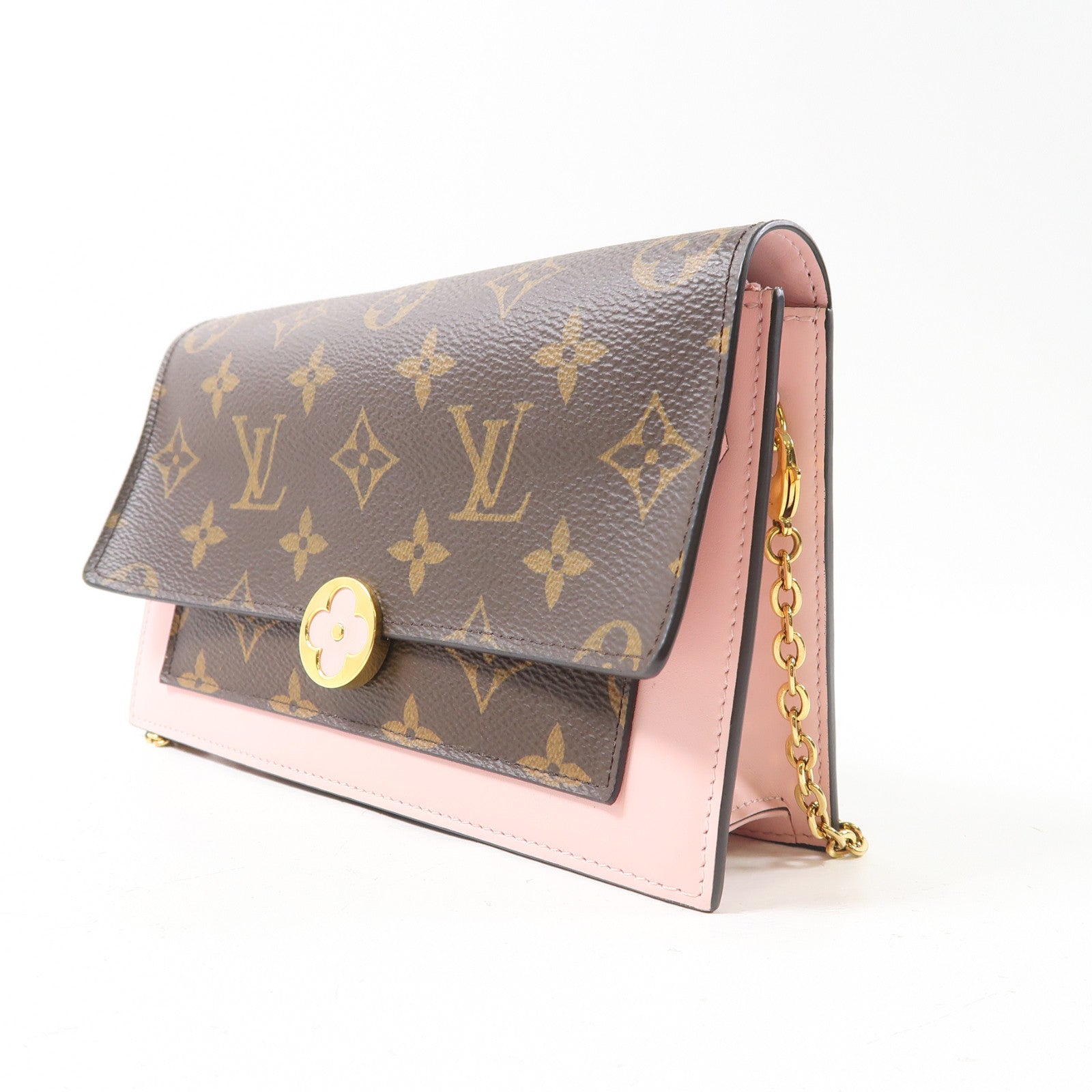 LOUIS VUITTON Monogram Flore金扣鏈帶肩背袋啡色/粉紅色