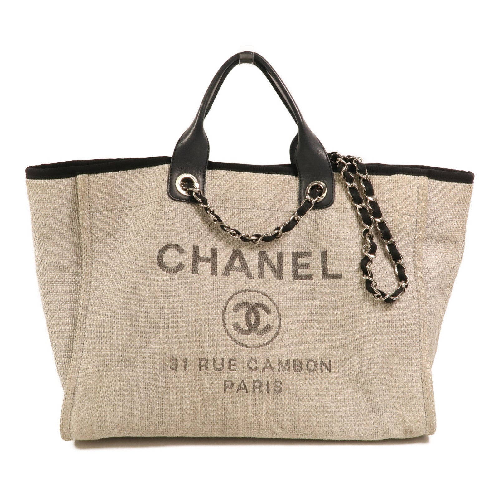 CHANEL 帆布Deauville Tote銀扣鏈帶手挽肩背兩用袋