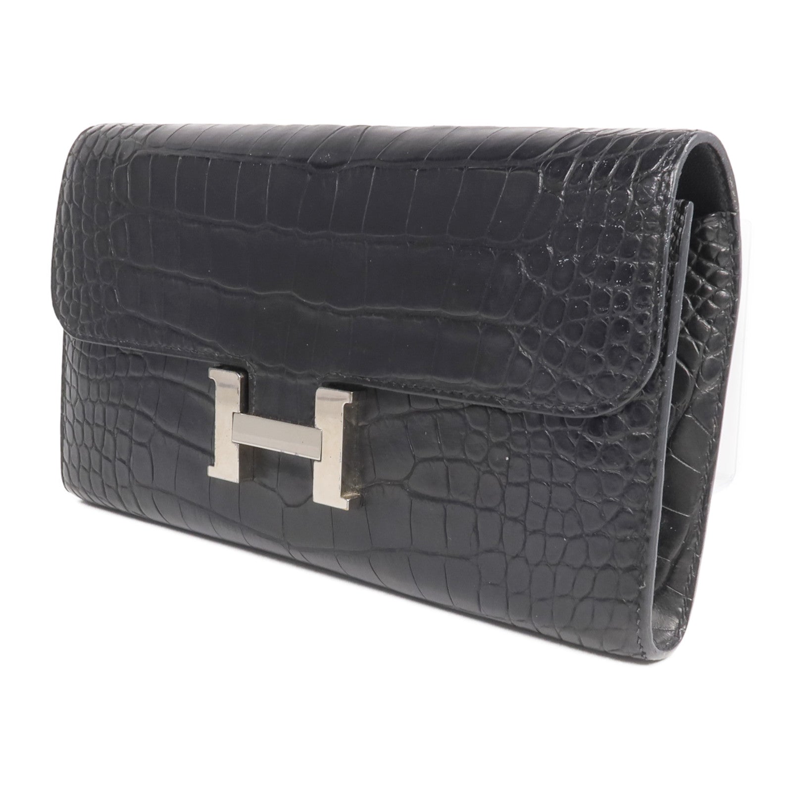 HERMES 【激減優惠】Alligator皮革Constance Long Wallet銀扣長錢包Noir