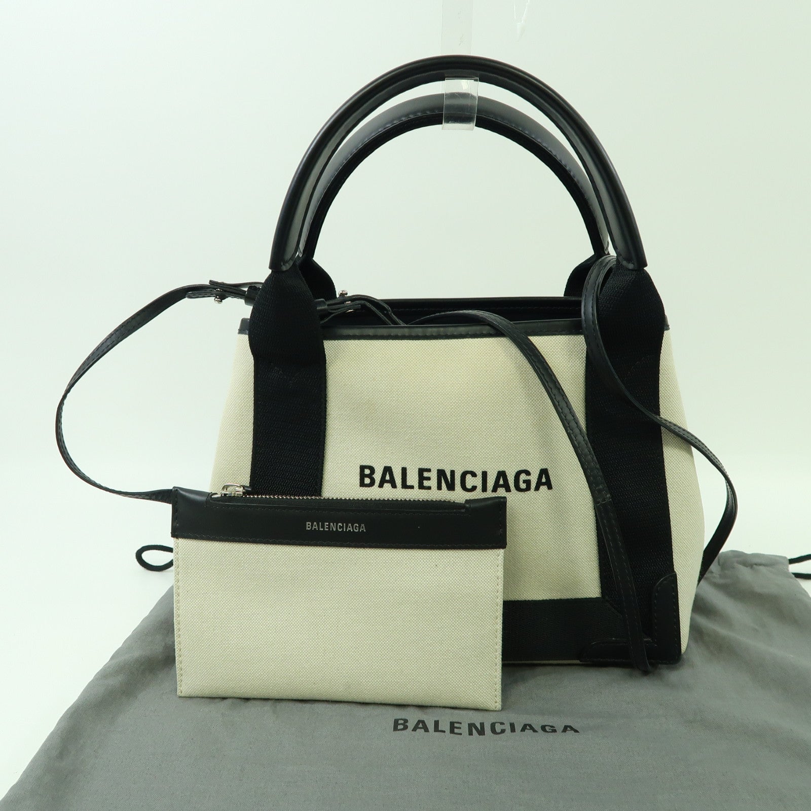 BALENCIAGA 帆布Cabas XS銀扣手挽肩背兩用袋黑色/白色