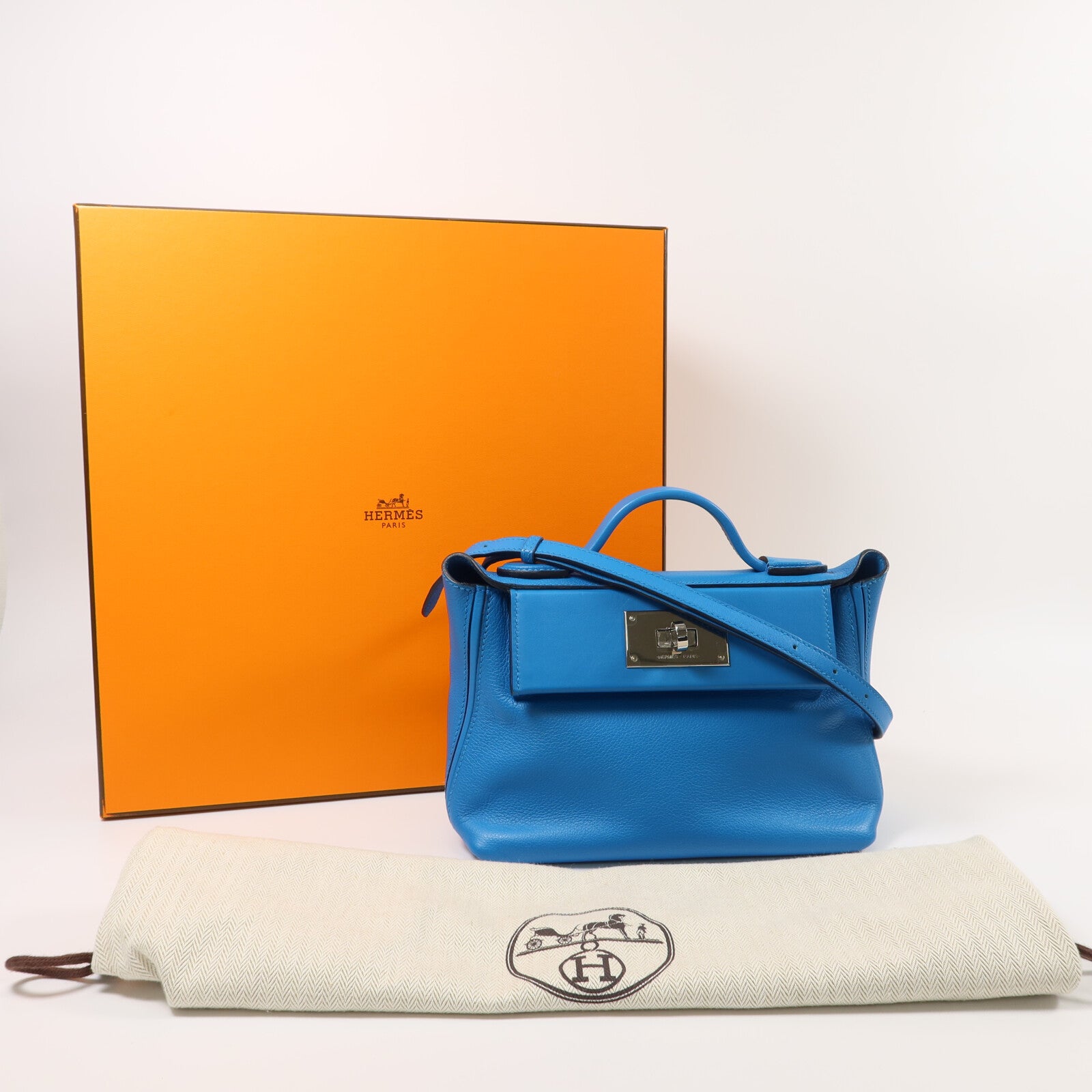 HERMES Evercolor皮革Mini 24/24手挽肩背兩用袋Bleu Frida
