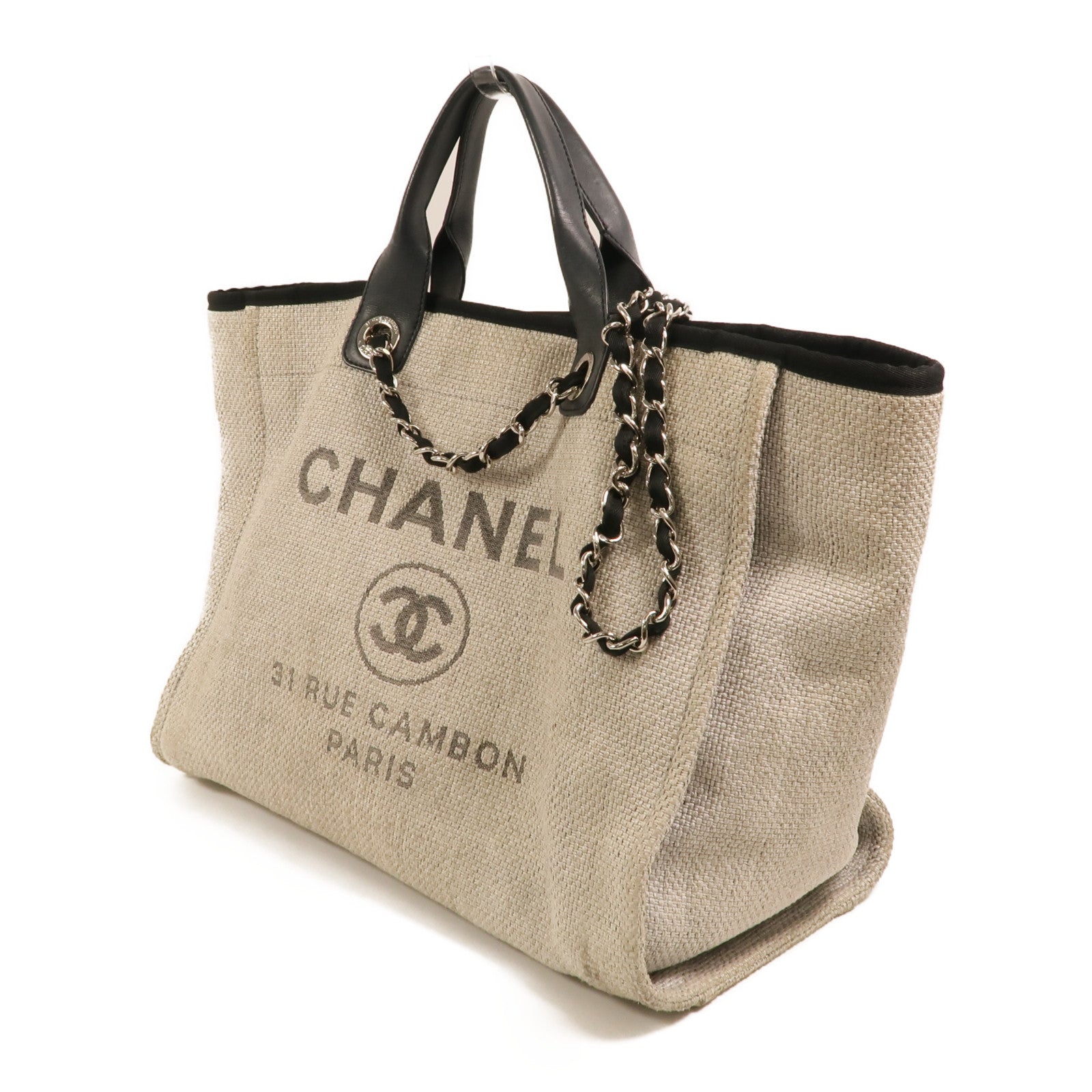 CHANEL 帆布Deauville Tote銀扣鏈帶手挽肩背兩用袋