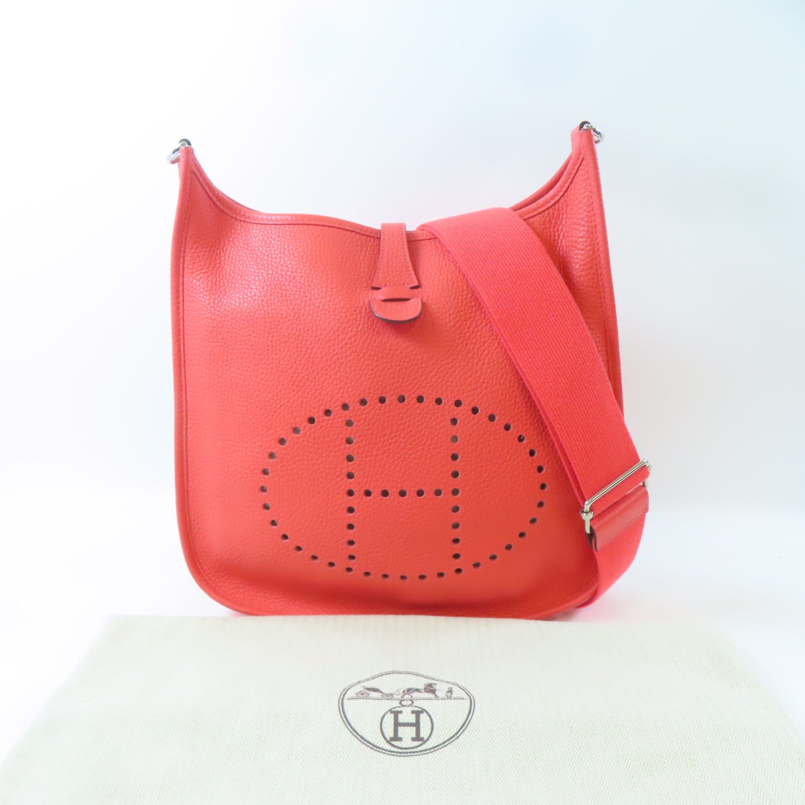 HERMES Clemence皮革Evelyne PM銀扣肩背袋Orange/橙色