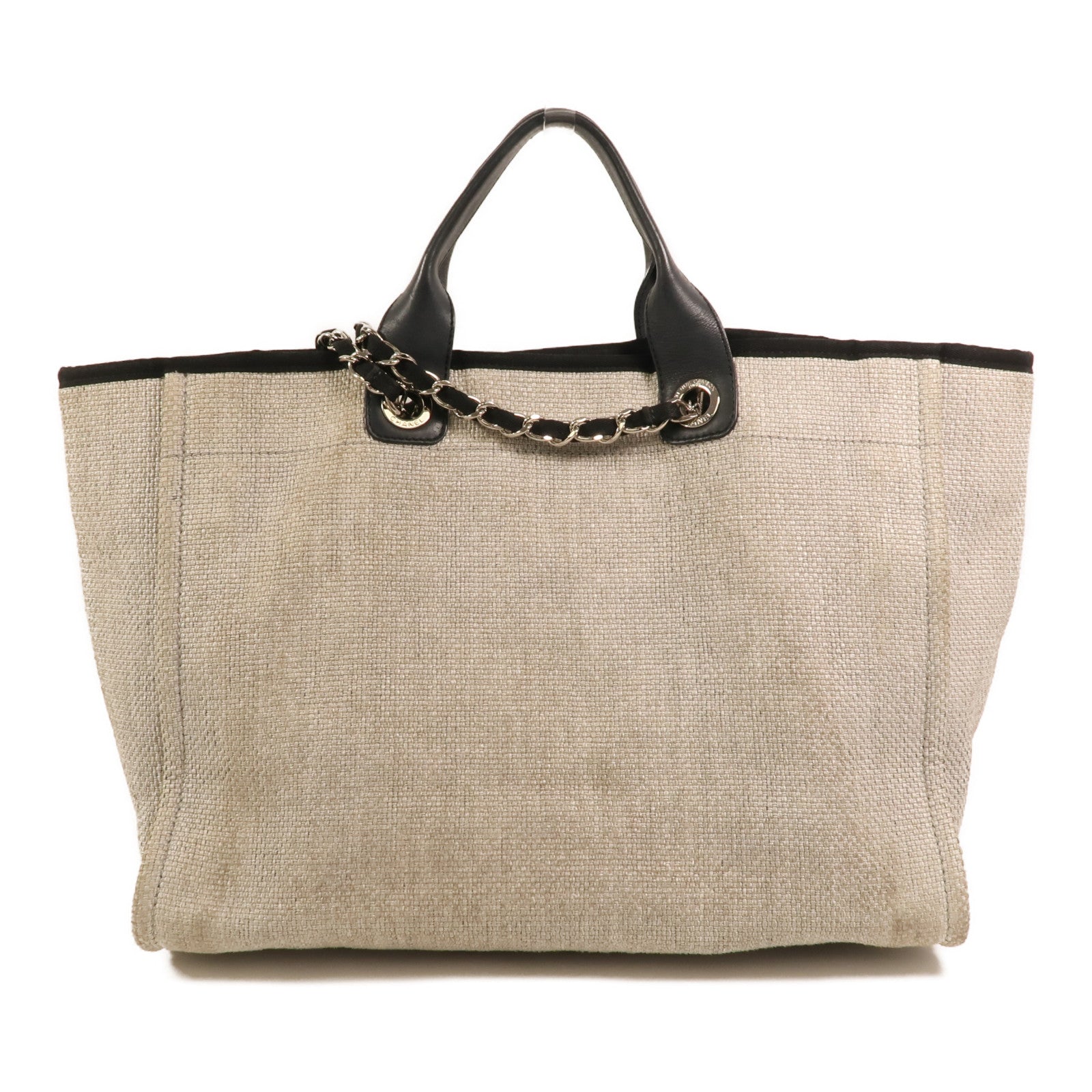 CHANEL 帆布Deauville Tote銀扣鏈帶手挽肩背兩用袋