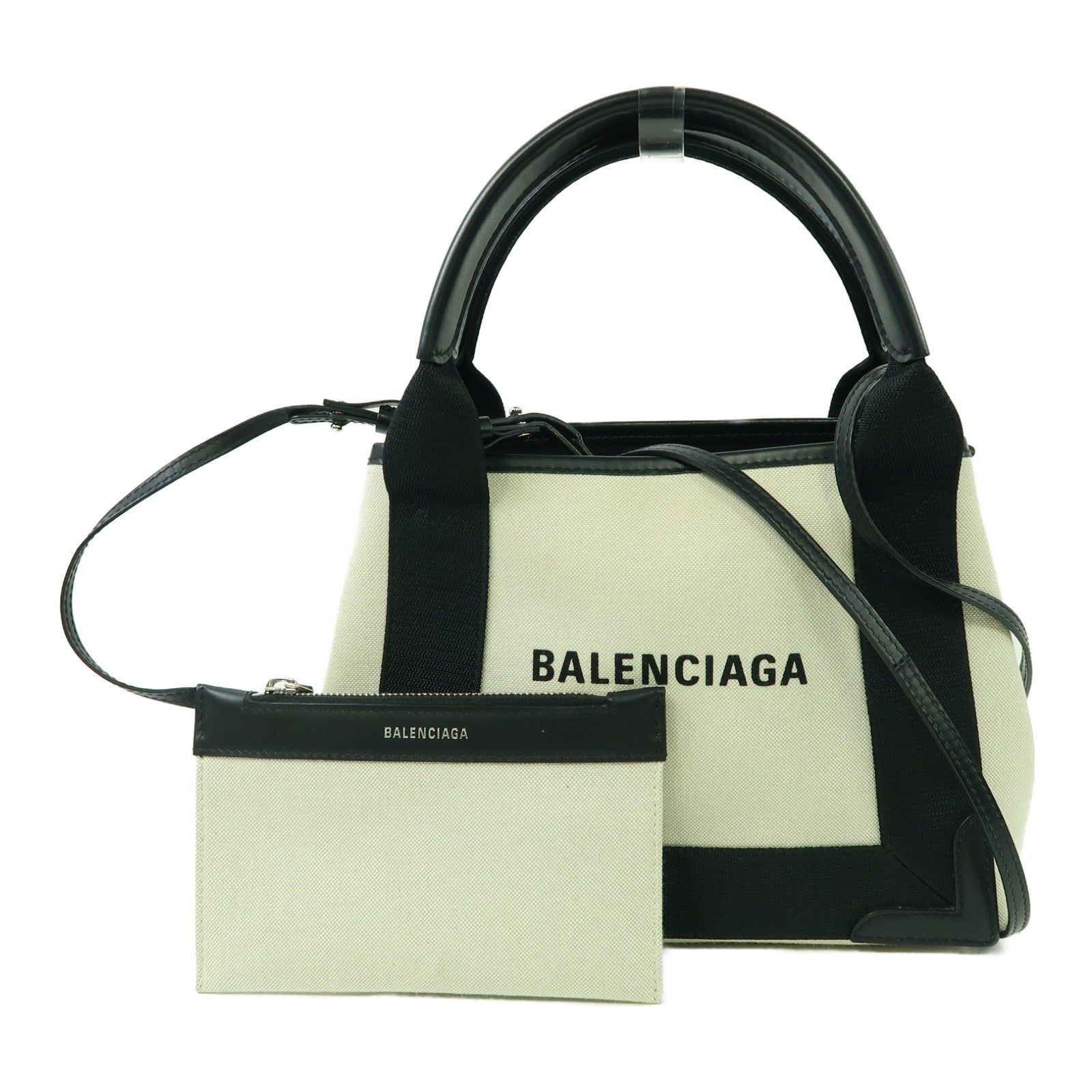 BALENCIAGA 帆布Cabas XS銀扣手挽肩背兩用袋黑色/白色