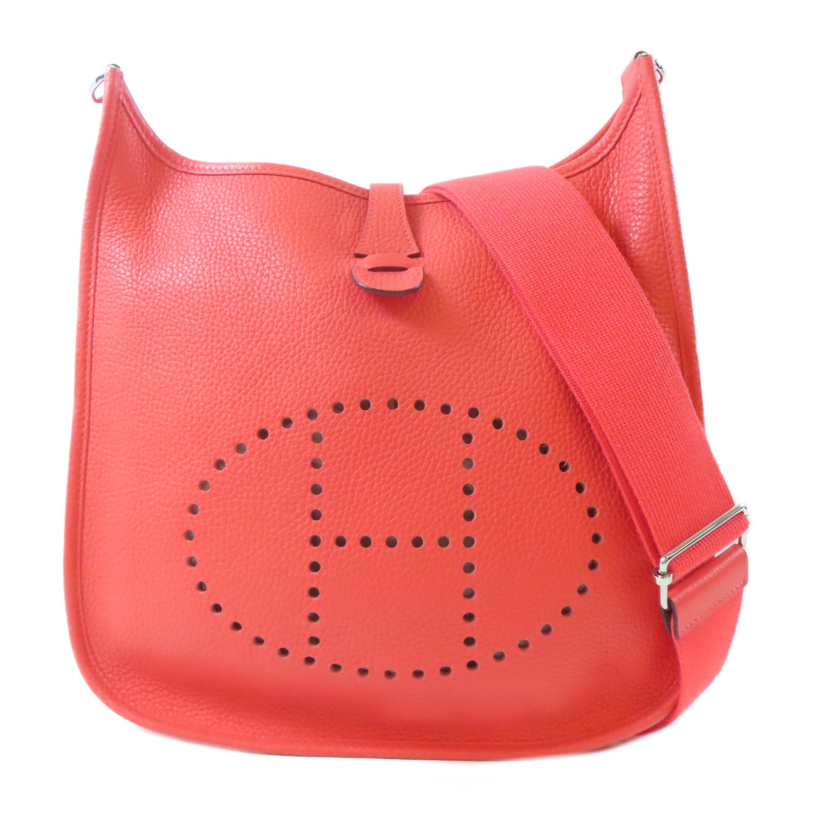 HERMES Clemence皮革Evelyne PM銀扣肩背袋Orange/橙色