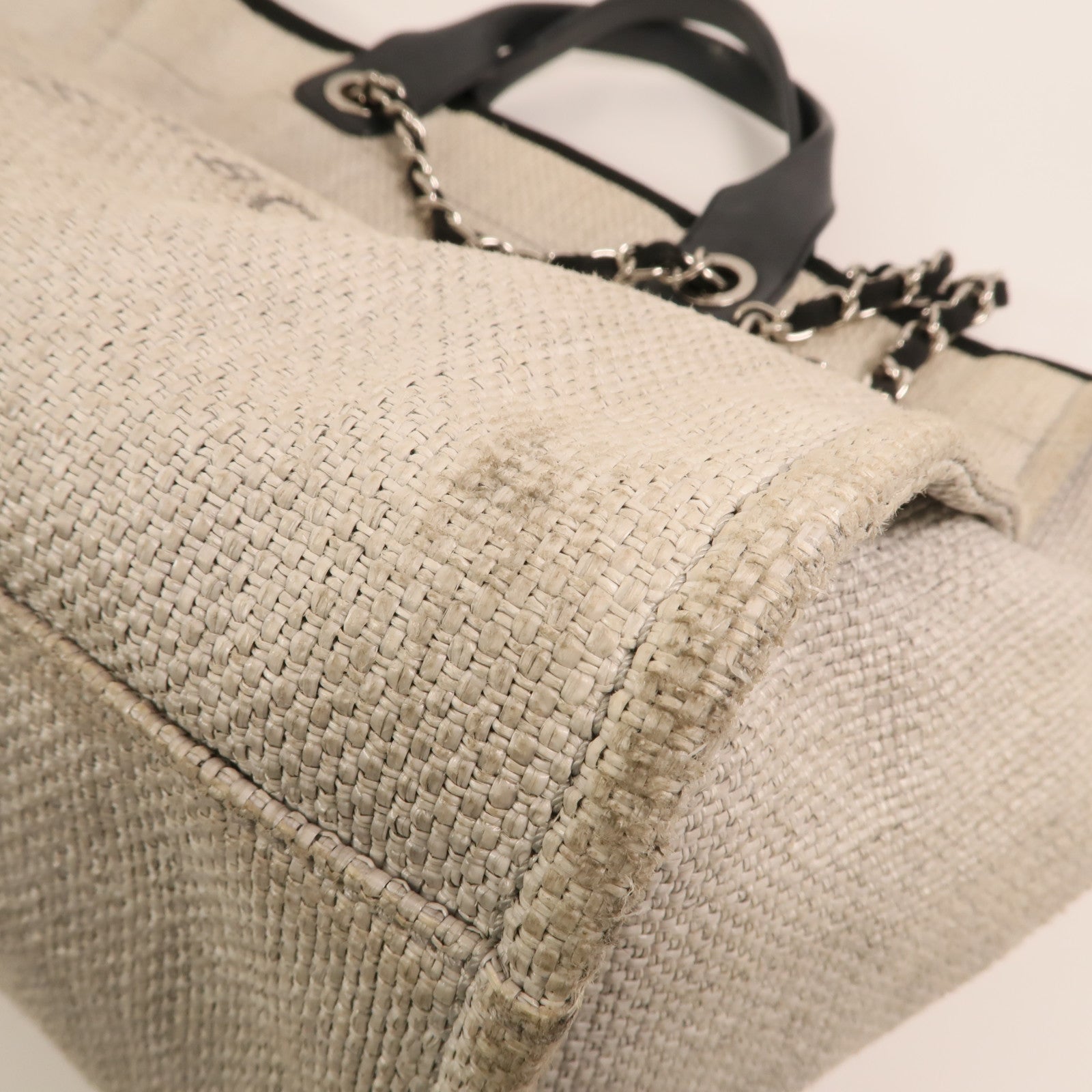 CHANEL 帆布Deauville Tote銀扣鏈帶手挽肩背兩用袋