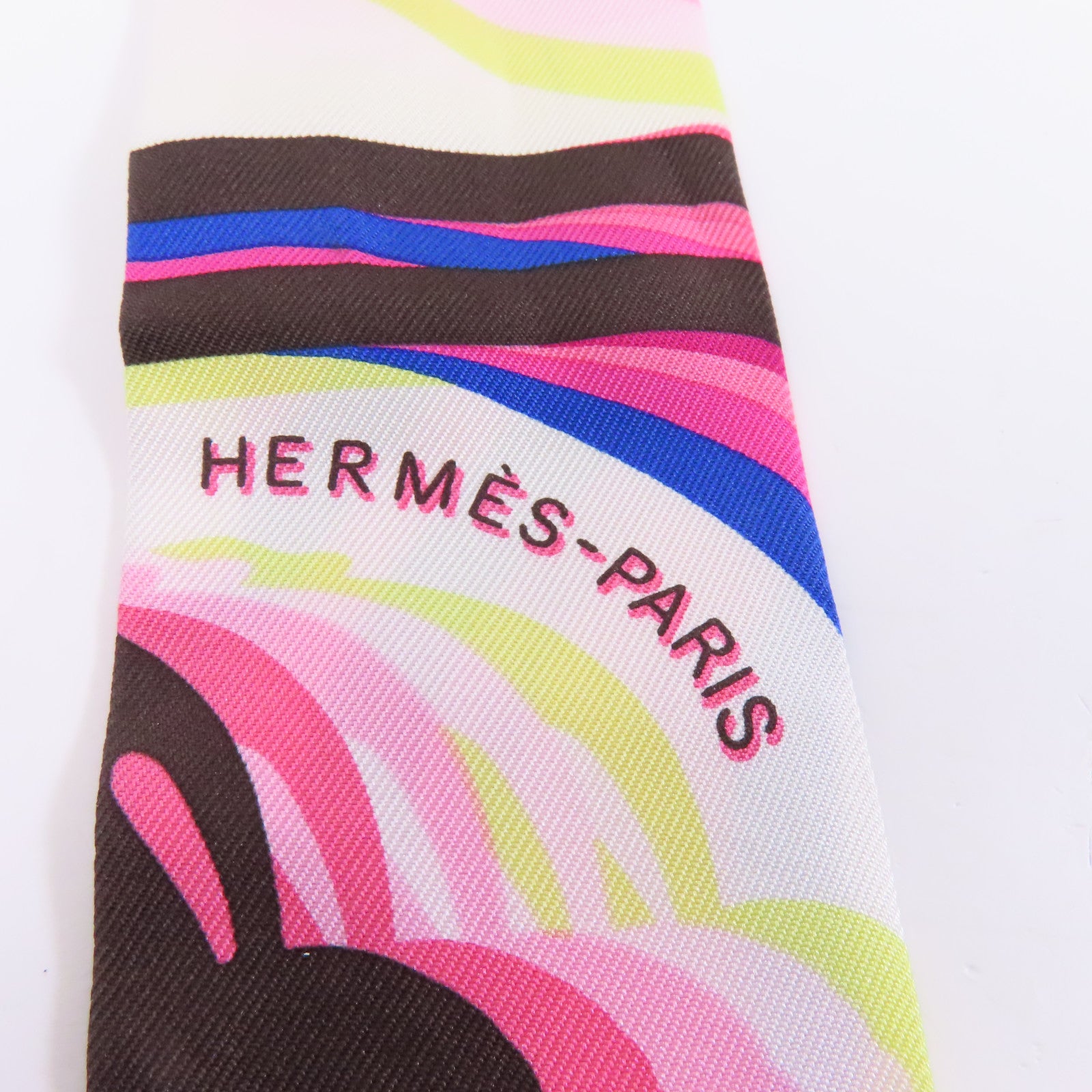 HERMES 絲質Twilly絲巾棕色/白色/粉紅色