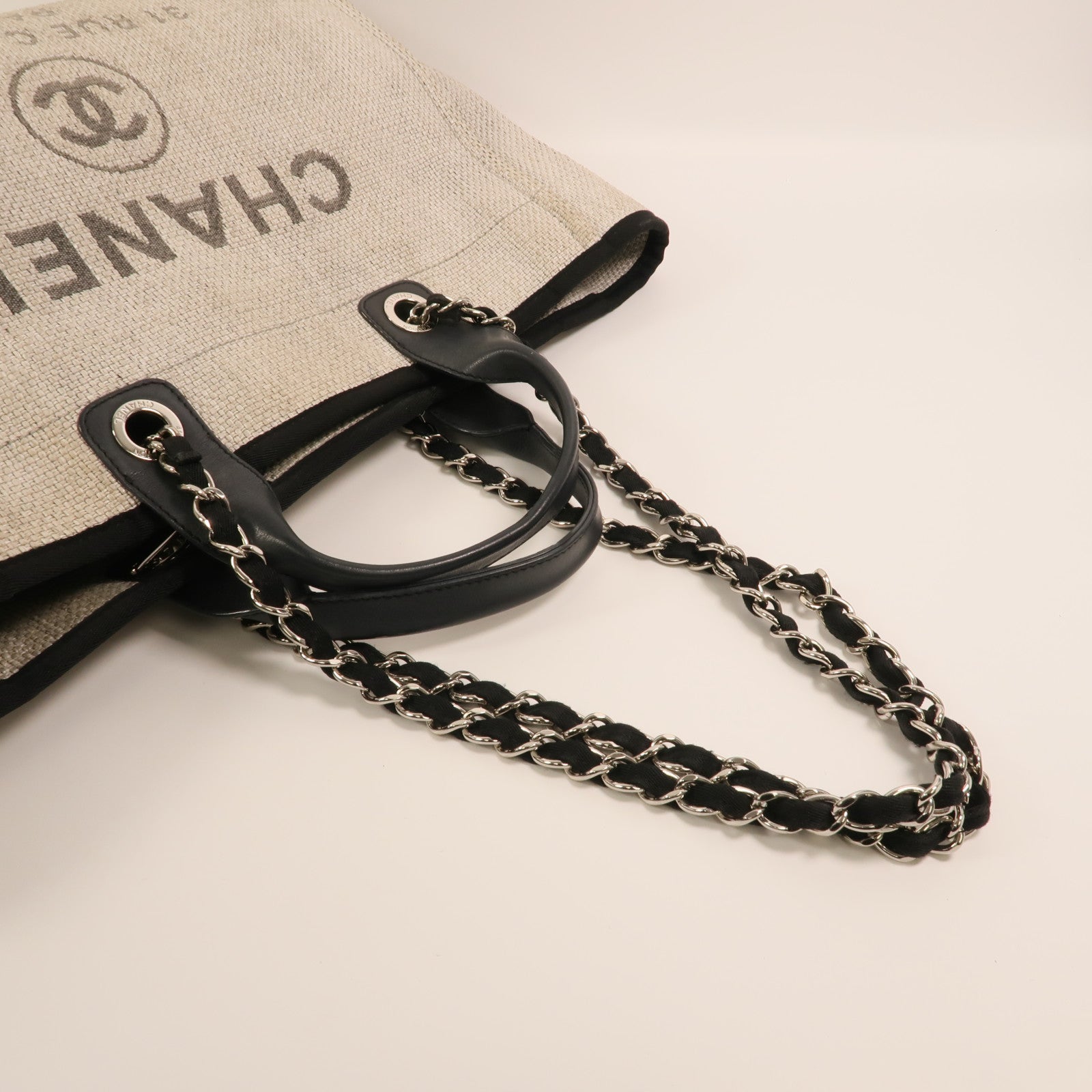 CHANEL 帆布Deauville Tote銀扣鏈帶手挽肩背兩用袋