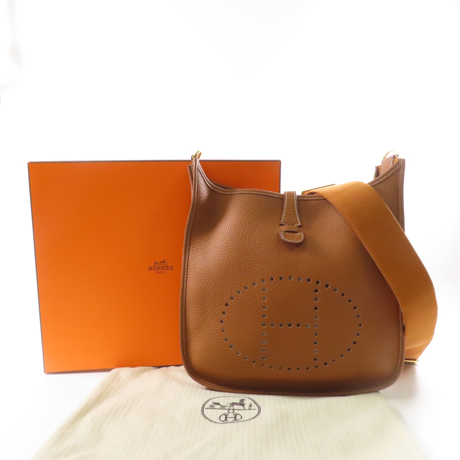 HERMES Clemence皮革Evelyne PM金扣肩背袋棕色