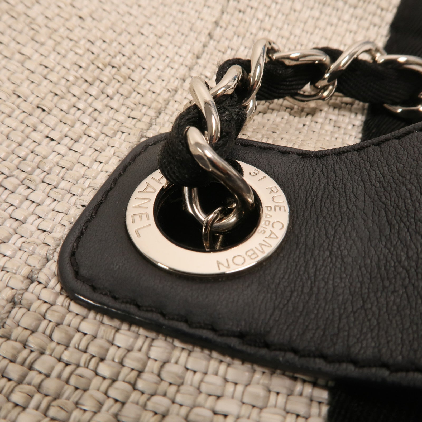 CHANEL 帆布Deauville Tote銀扣鏈帶手挽肩背兩用袋