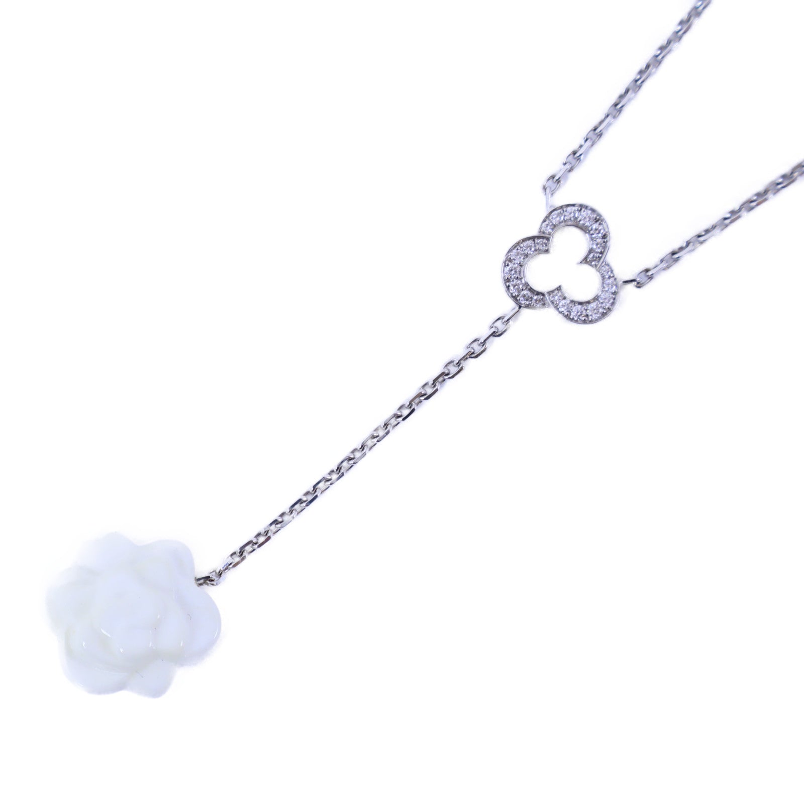 CHANEL 18K白金Camellia White Agate Diamond Necklace鑽石項鍊