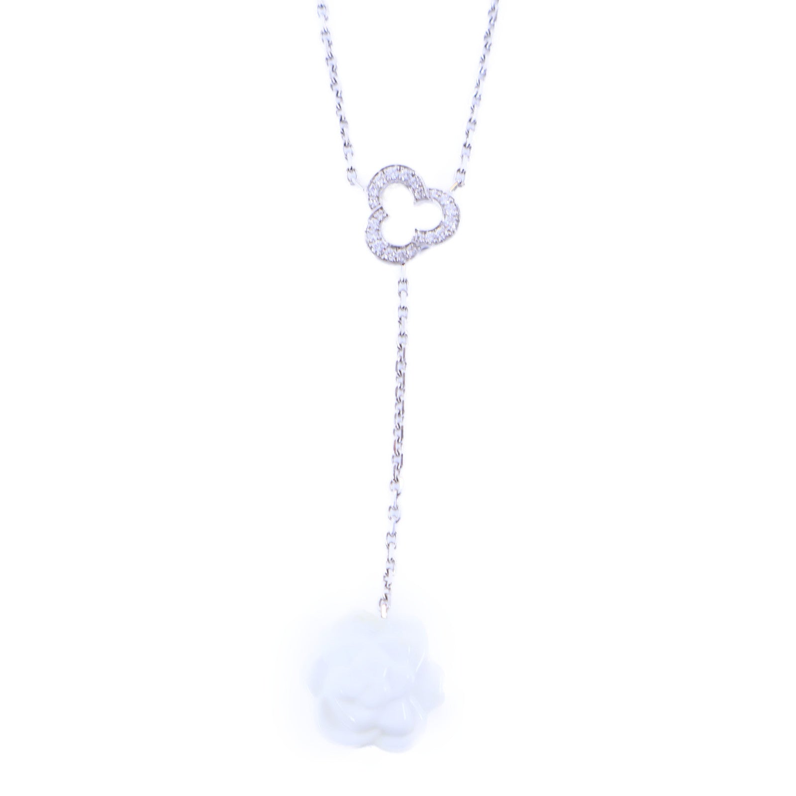 CHANEL 18K白金Camellia White Agate Diamond Necklace鑽石項鍊