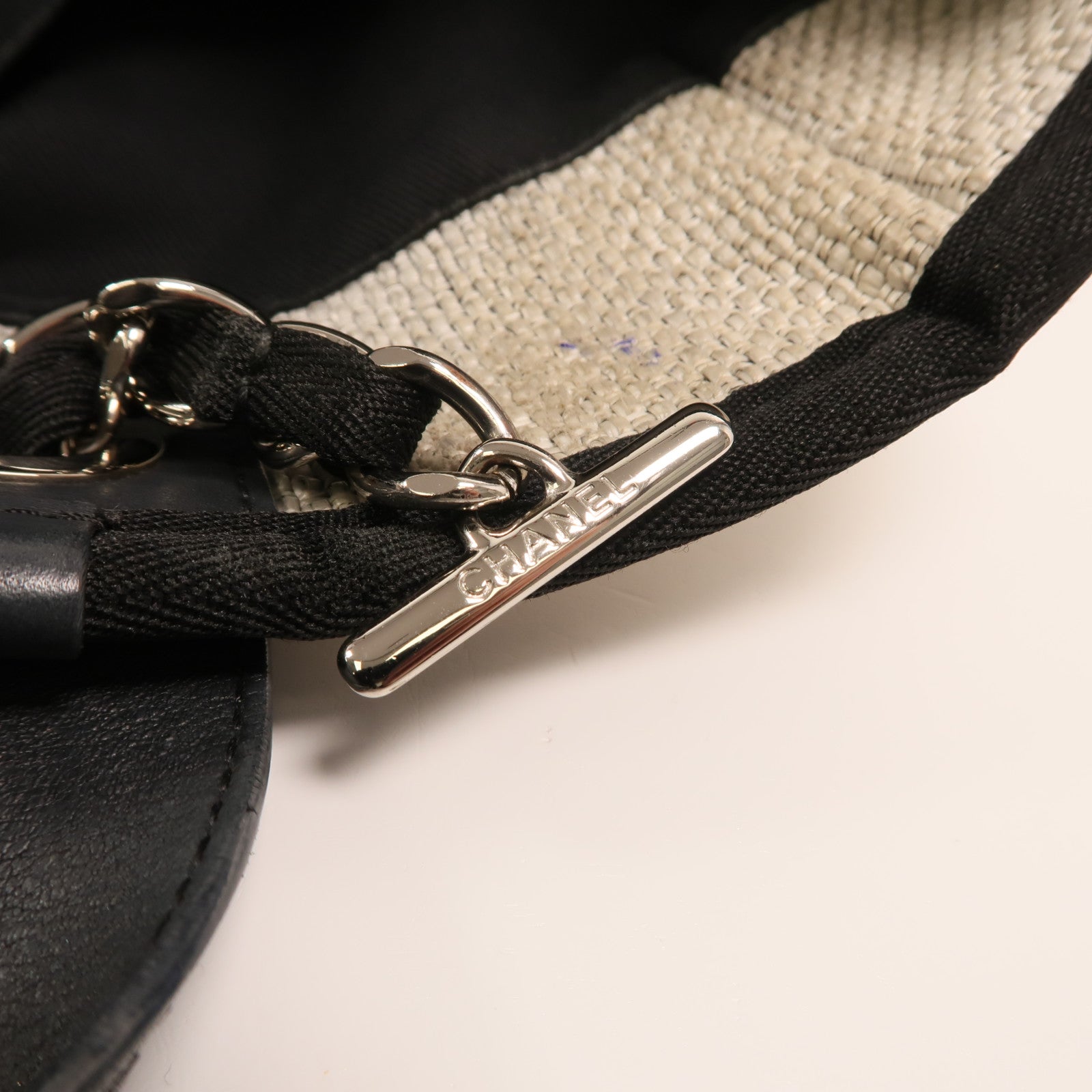 CHANEL 帆布Deauville Tote銀扣鏈帶手挽肩背兩用袋
