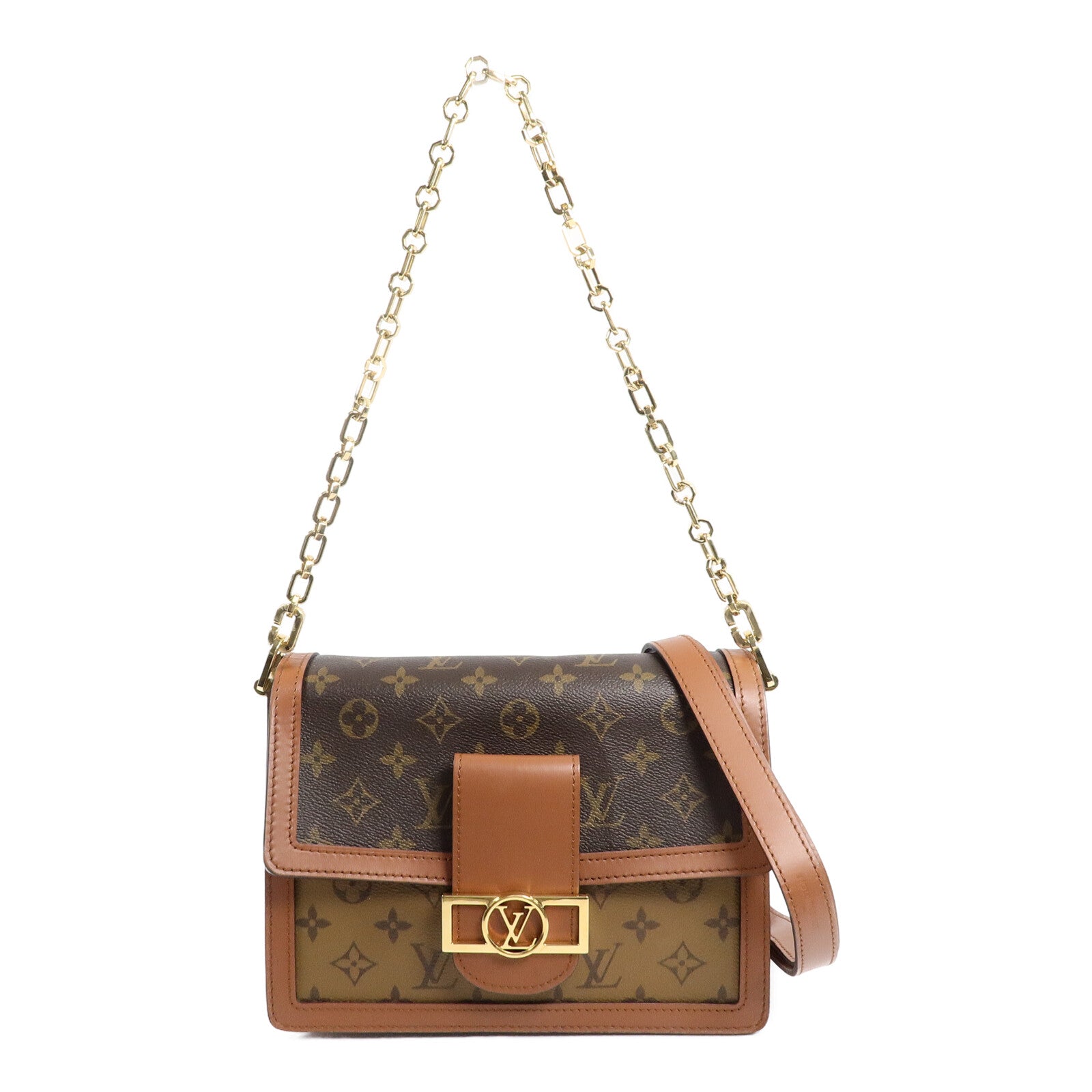 LOUIS VUITTON Monogram/Monogram Reverse Dauphine MM金扣手挽肩背兩用袋棕色