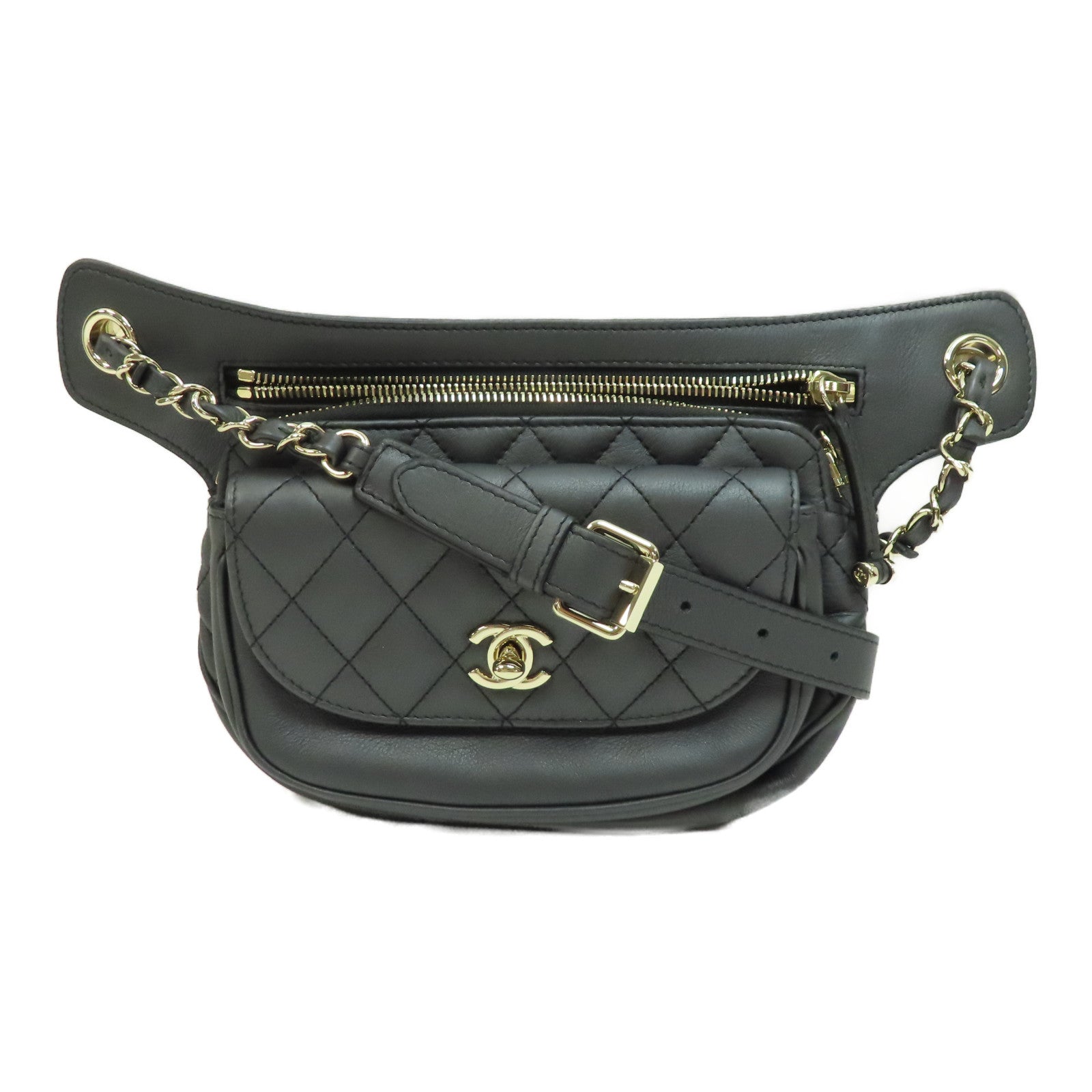 CHANEL 菱格牛皮皮革Waist Bag金釦鏈帶肩背袋黑色