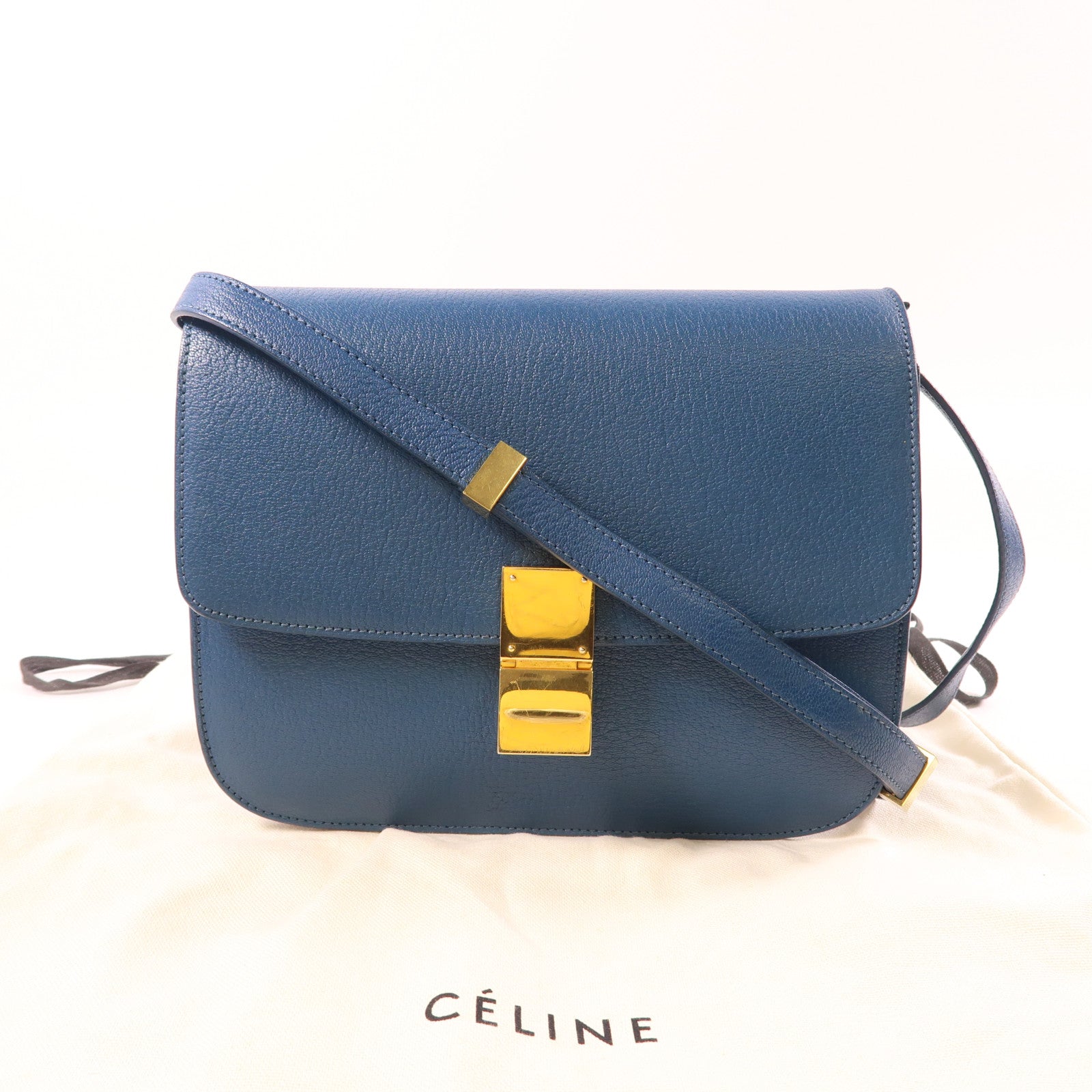 CELINE 牛皮皮革Classic Box金扣肩背袋藍色