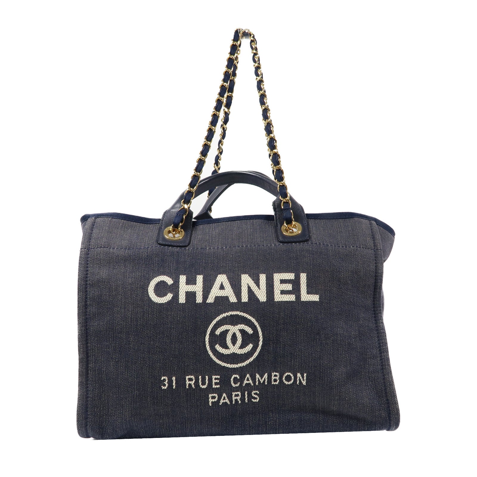 CHANEL 帆布Deauville Tote金扣手挽肩背兩用袋深藍色