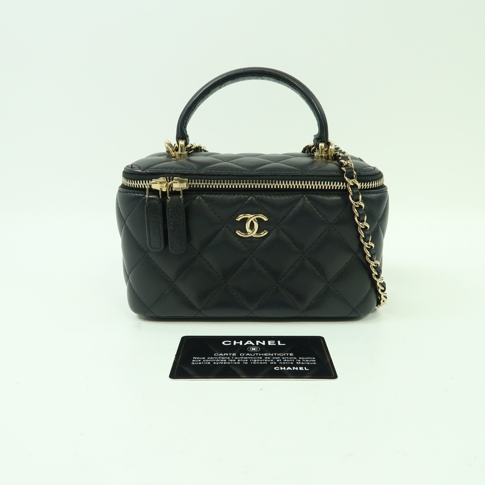 CHANEL 菱格牛皮皮革Vanity Case金扣手挽肩背兩用袋黑色